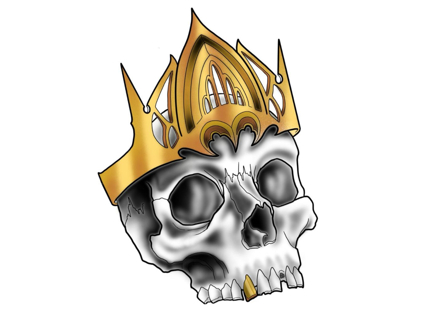 Tattoo titled 'Ashes of Kings' with a gothic skull and gold crown.