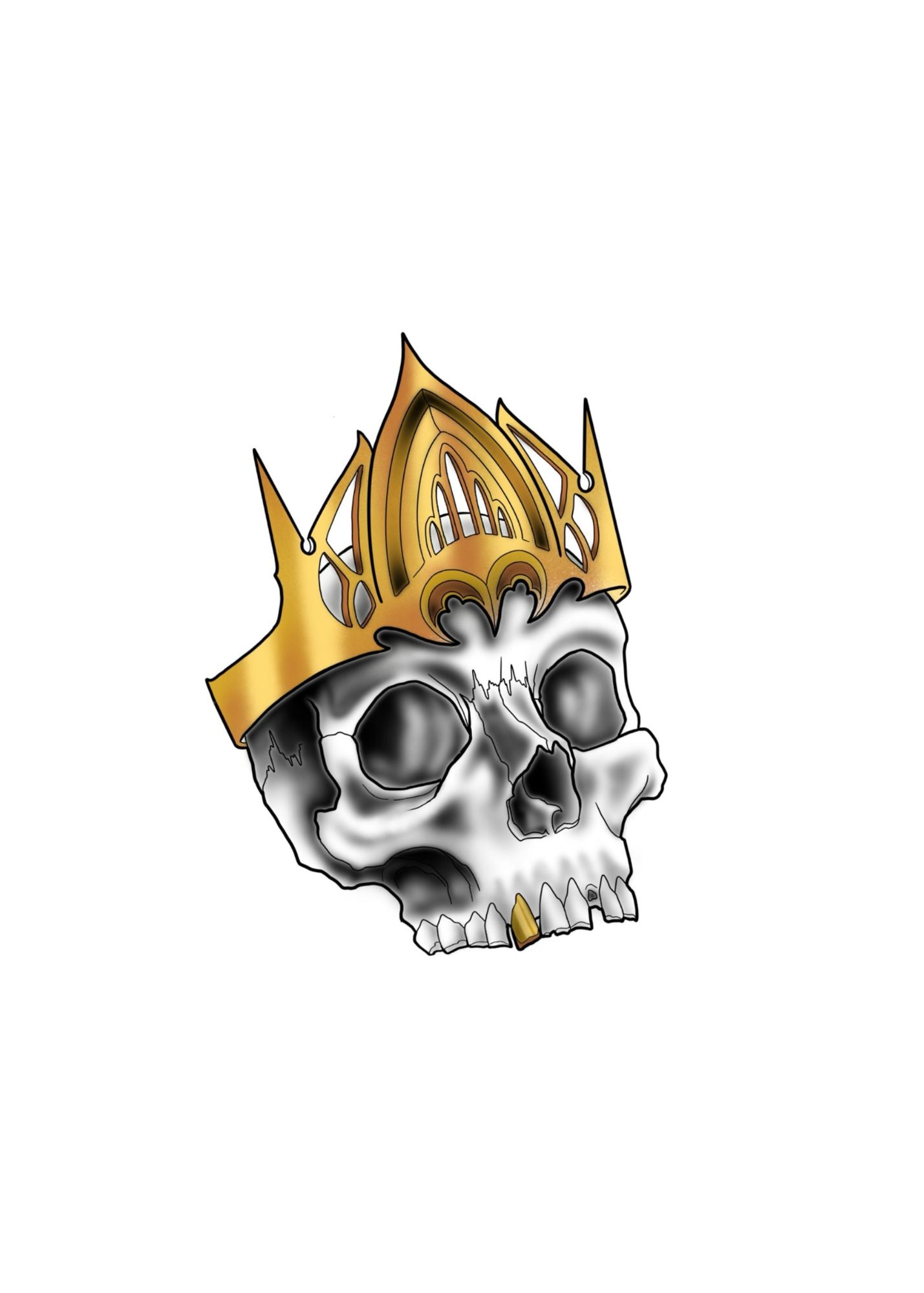 Tattoo titled 'Ashes of Kings' with a gothic skull and gold crown.