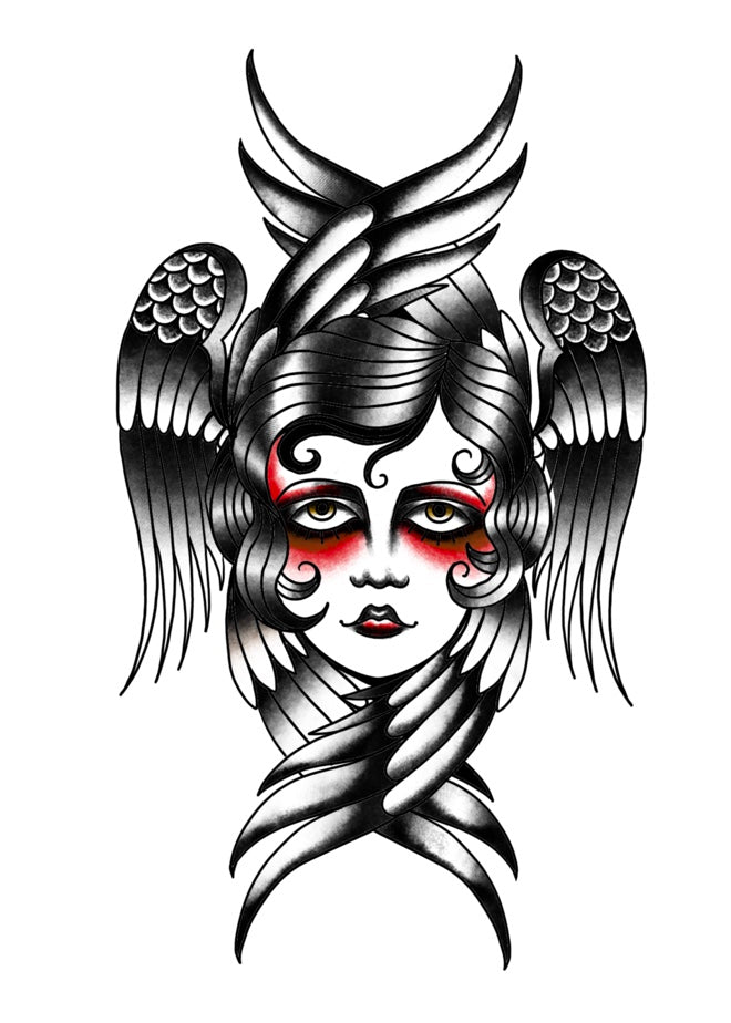 American Traditional black, gray, and white seraphim tattoo design of a woman's face with wings and red accents on a white background