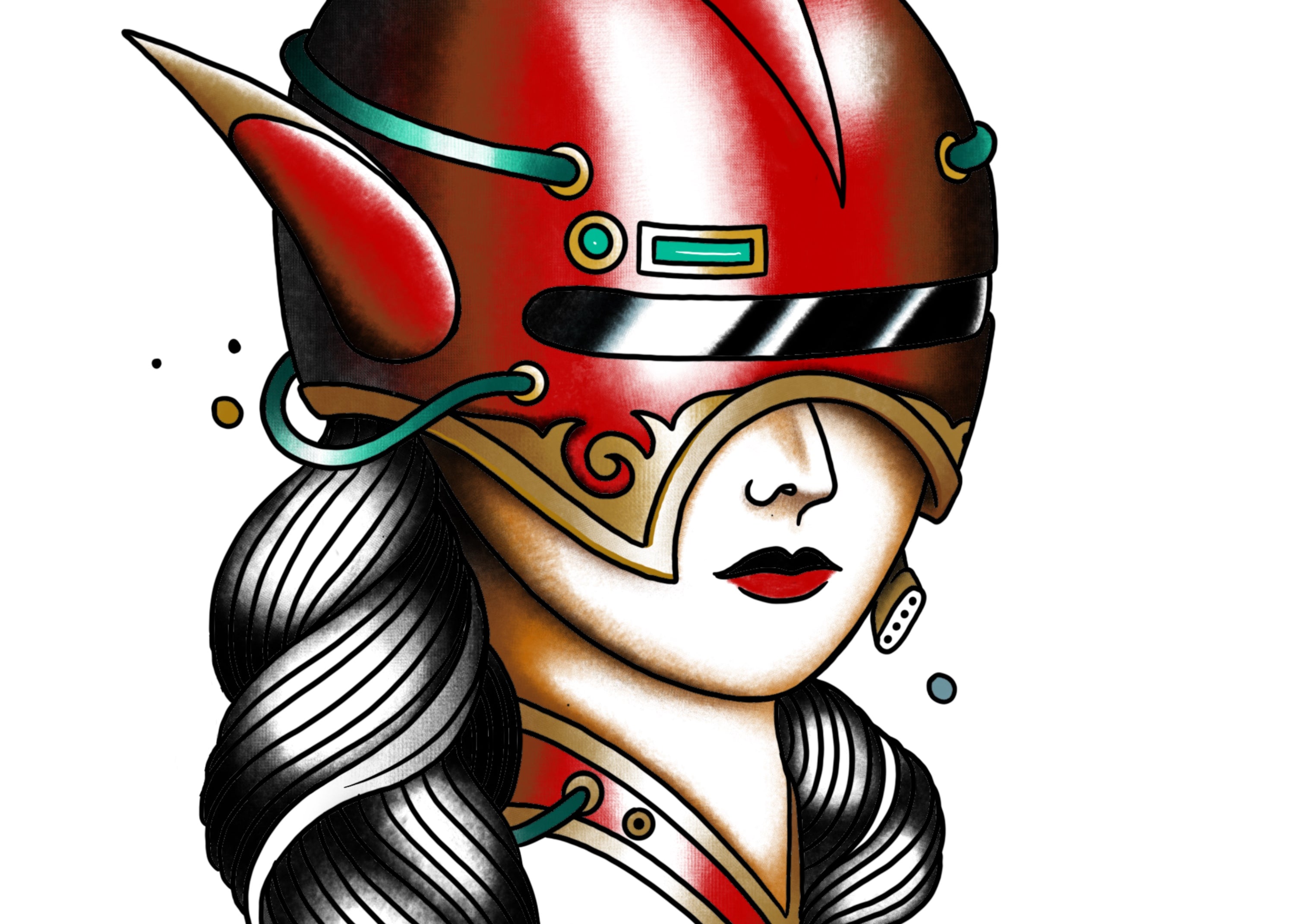 Darkstar tattoo design featuring a red futuristic helmet with black flowing hair, crafted by Ruben at Girls & Roses.