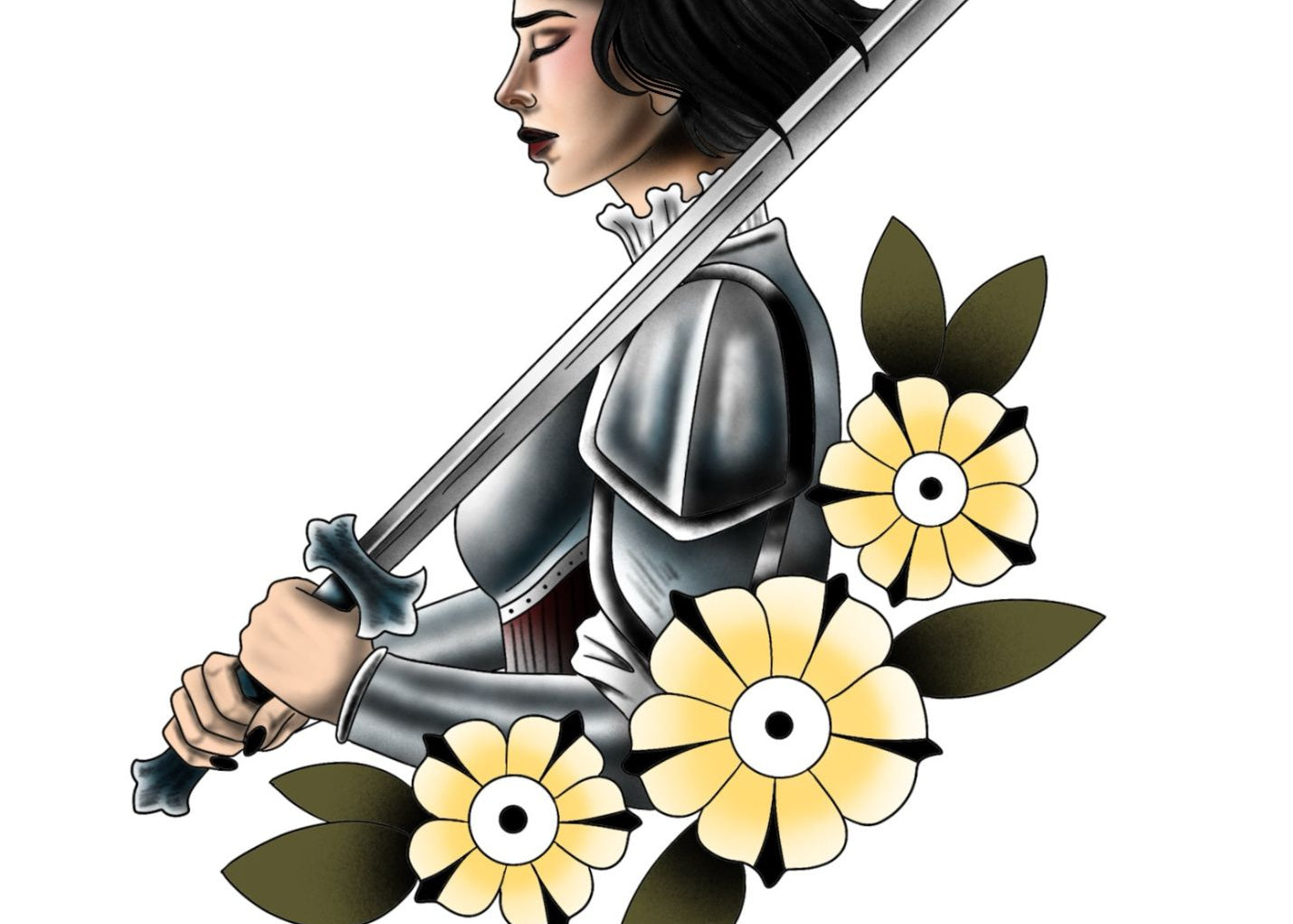 Tattoo titled 'Divine Resolve' with a Castlecore warrior, sword, and flowers.