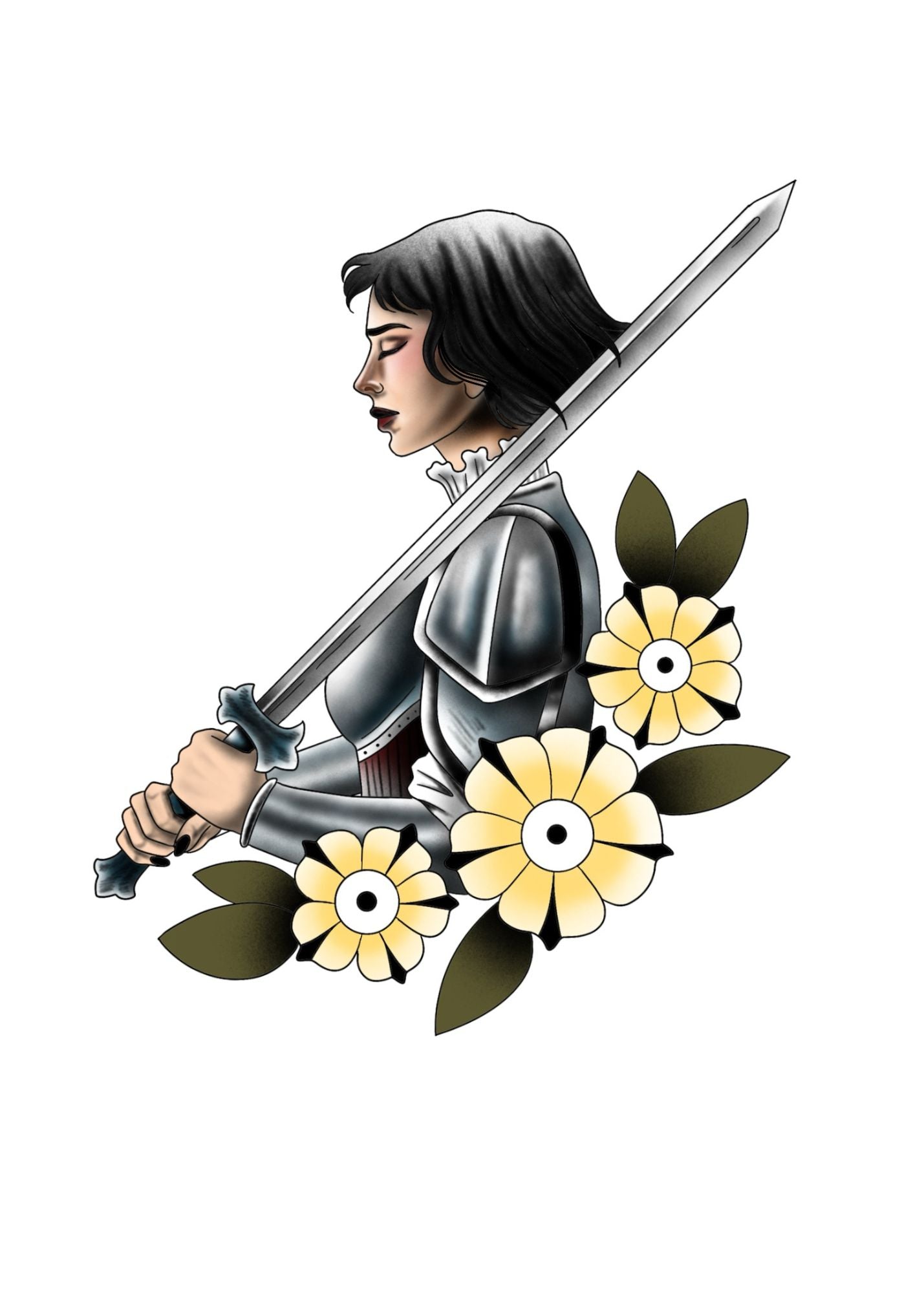 Tattoo titled 'Divine Resolve' with a Castlecore warrior, sword, and flowers.