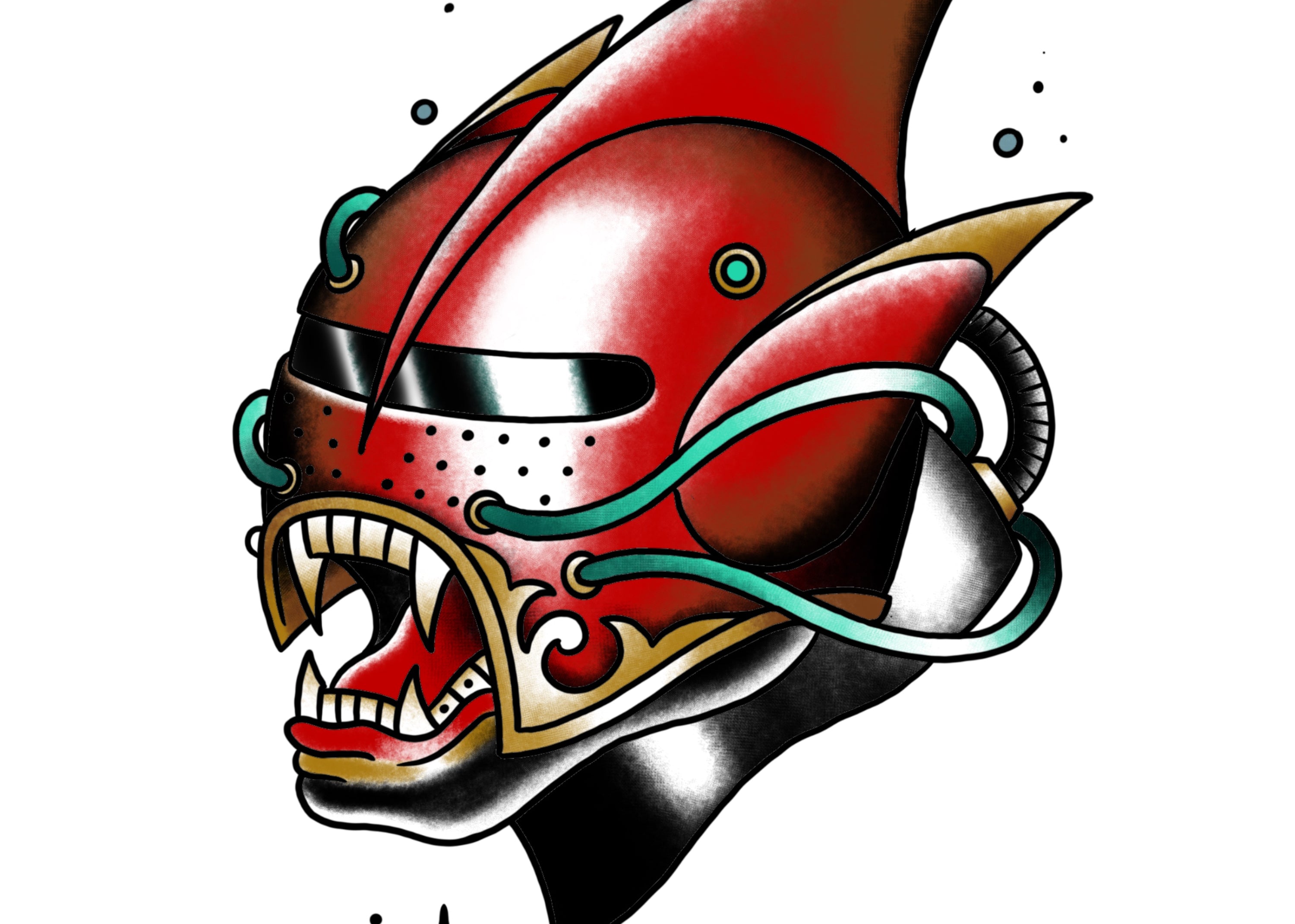 Dredge tattoo design featuring a red and black futuristic panther helmet with sharp teeth, designed by Ruben at Girls & Roses.