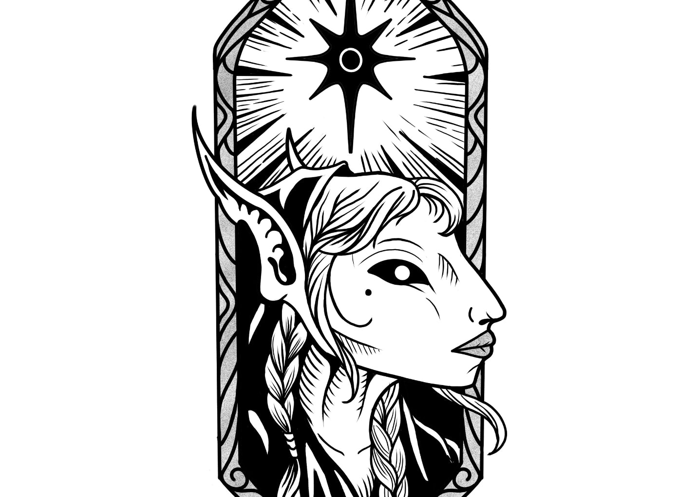 Black and gray tattoo design of an ethereal elf with braided hair, pointed ears, and a celestial starburst background. Perfect for Castlecore and fantasy lovers.