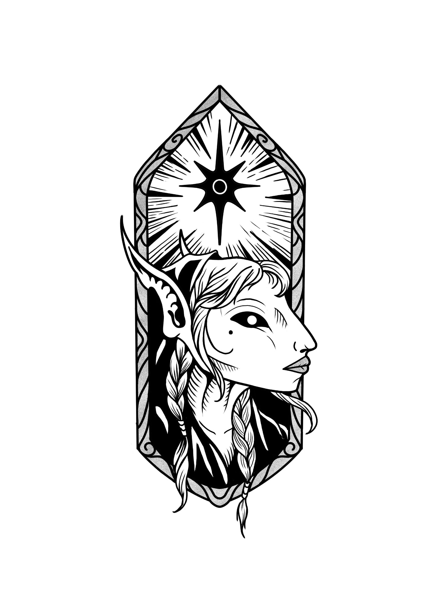 Black and gray tattoo design of an ethereal elf with braided hair, pointed ears, and a celestial starburst background. Perfect for Castlecore and fantasy lovers.