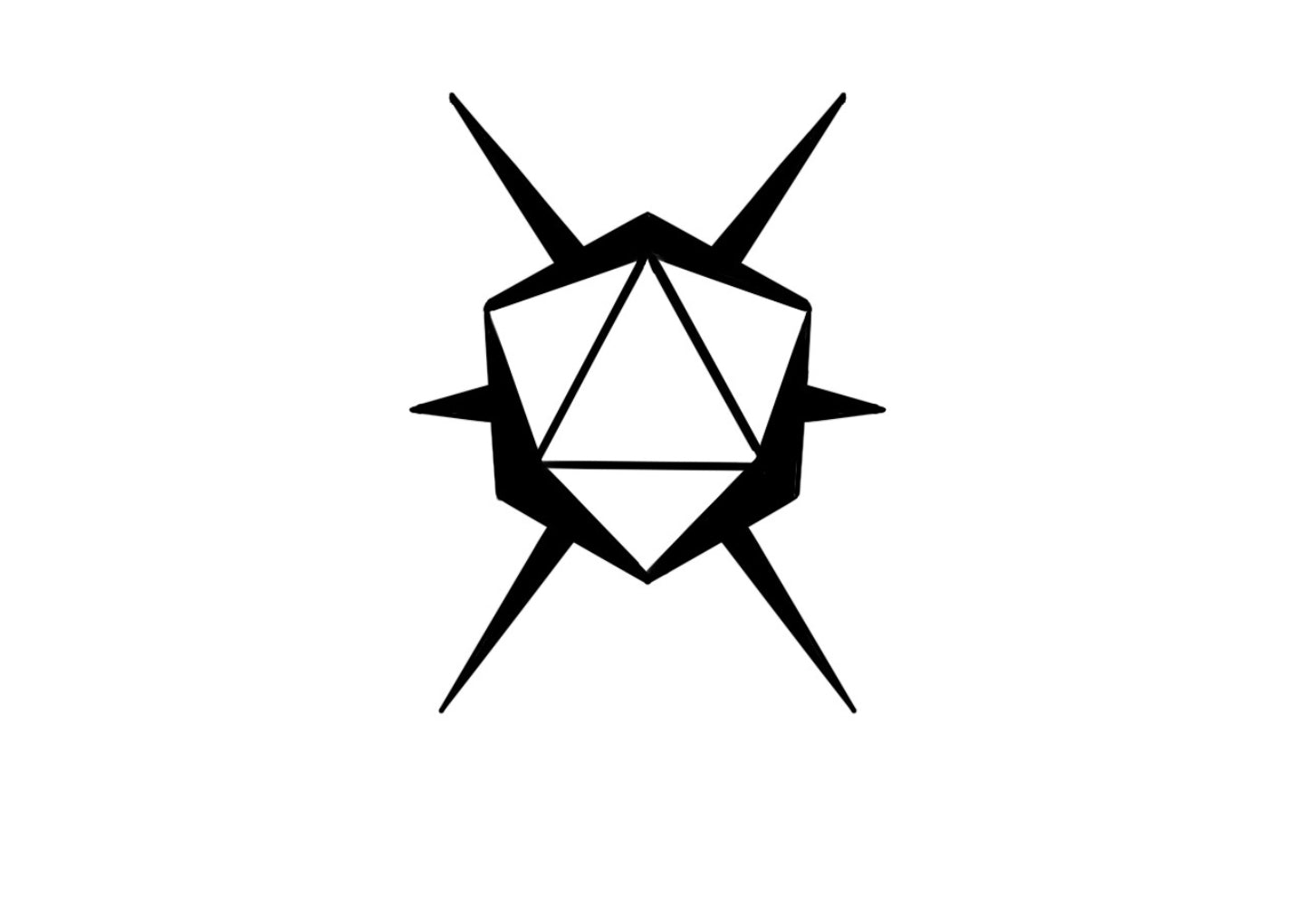 A bold blackwork tattoo of a geometric D20 die with sharp, radiating spikes, symbolizing energy, luck, and the thrill of tabletop gaming. Perfect for RPG fans.