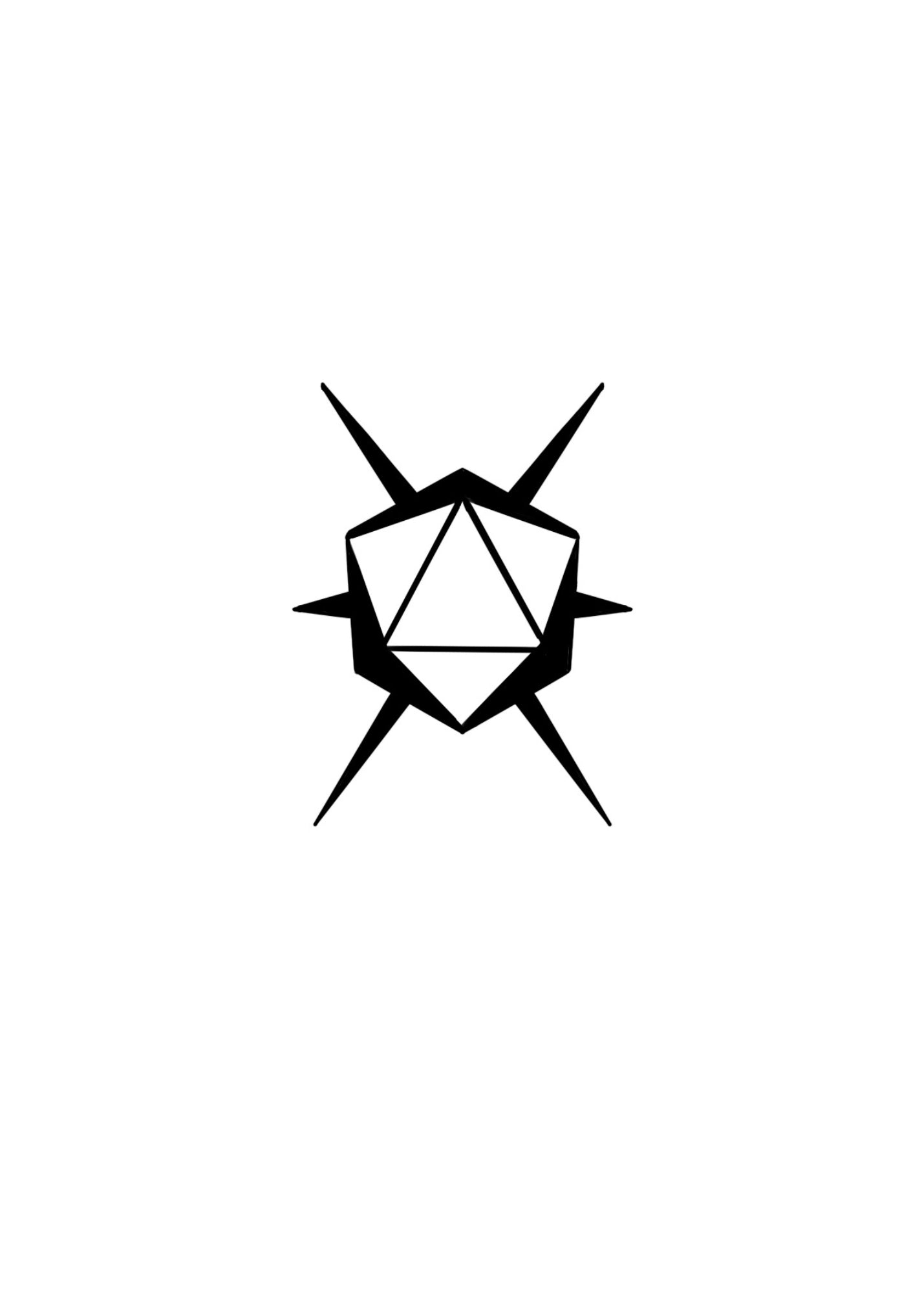 A bold blackwork tattoo of a geometric D20 die with sharp, radiating spikes, symbolizing energy, luck, and the thrill of tabletop gaming. Perfect for RPG fans.