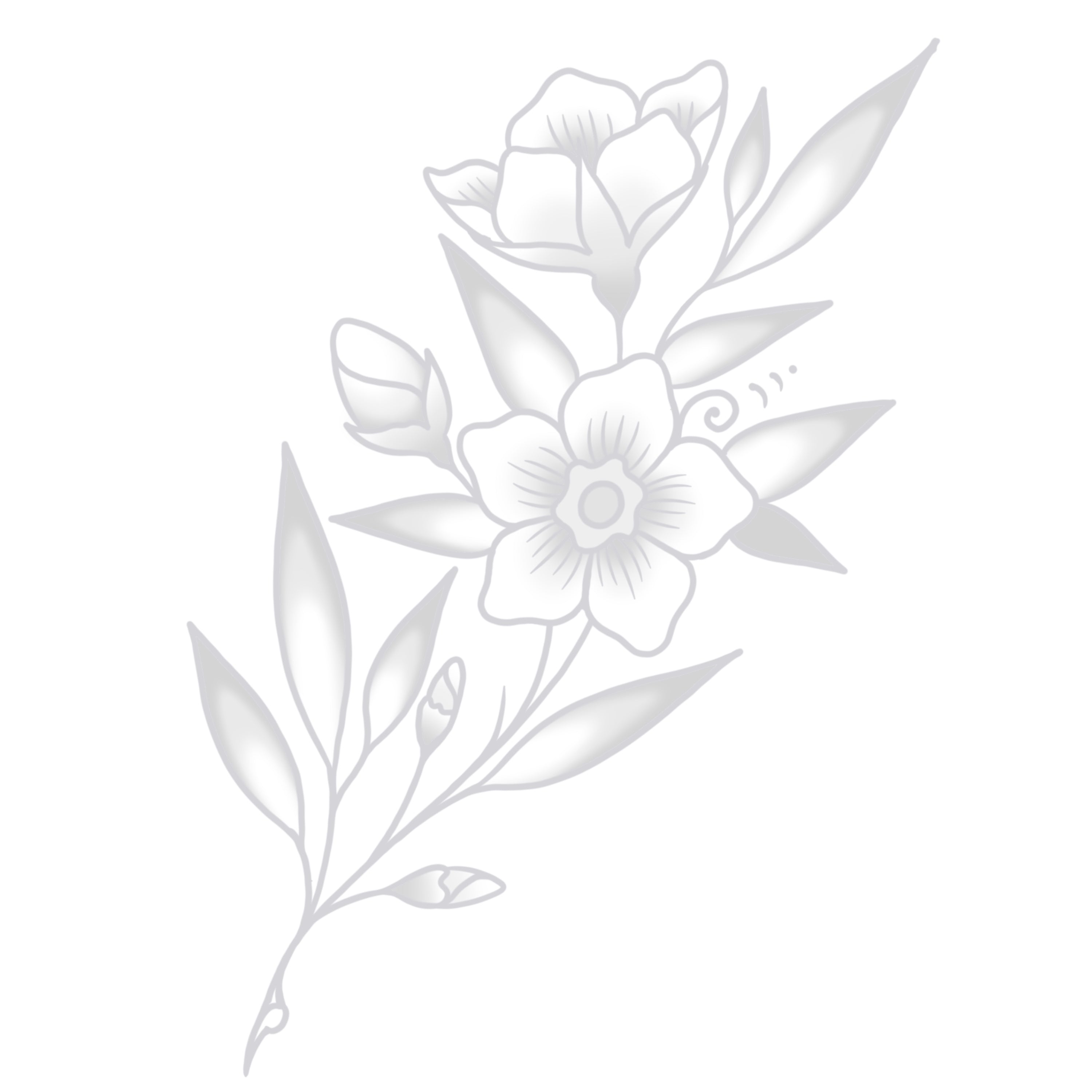 A delicate, soft gray floral tattoo design with gentle shading and flowing lines. The design is minimalist and ethereal, perfect for wrapping around arms or legs.