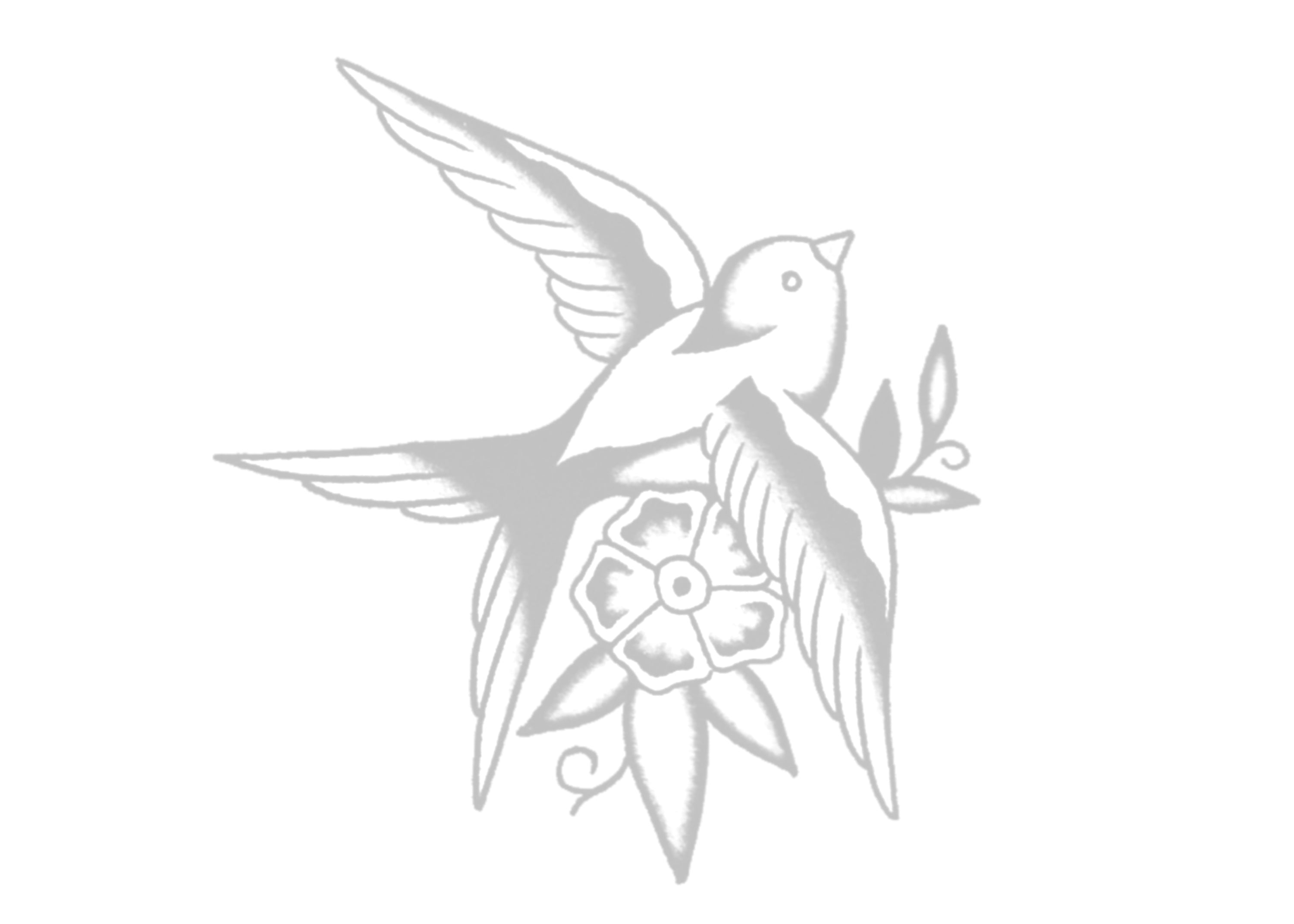 A soft gray tattoo design of a bird in flight, surrounded by delicate floral elements. The shading is subtle and airy, creating an elegant, timeless aesthetic.