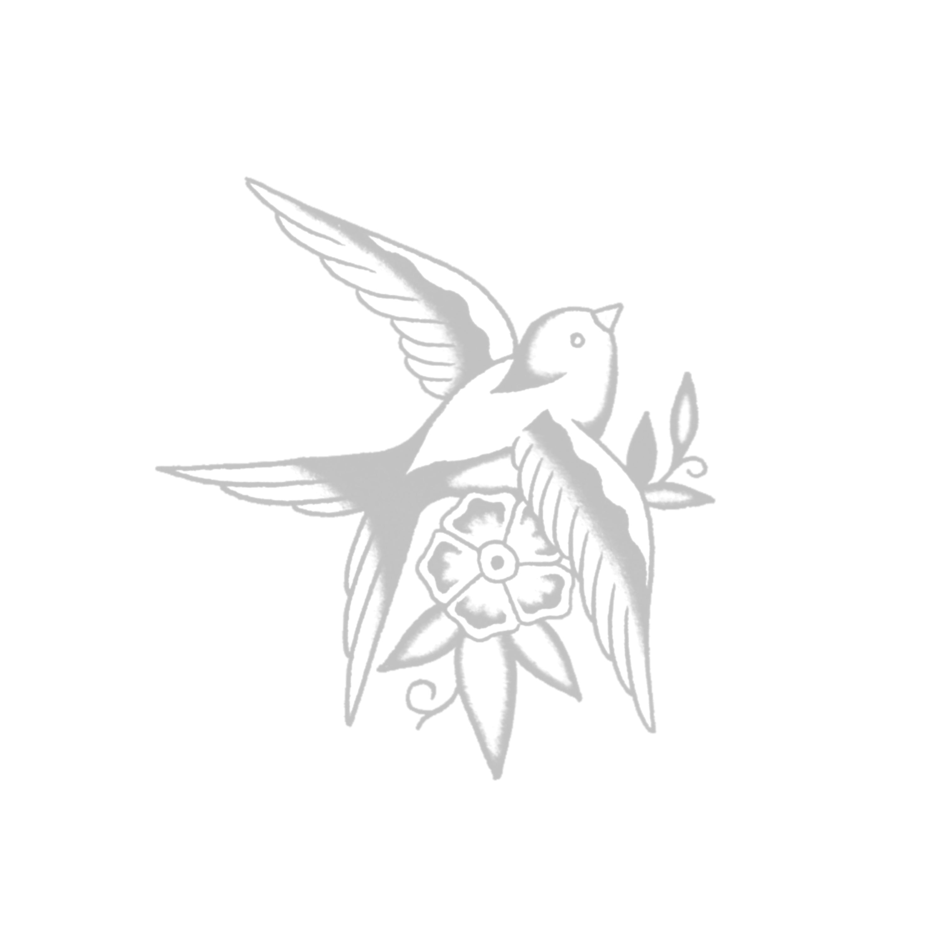 A soft gray tattoo design of a bird in flight, surrounded by delicate floral elements. The shading is subtle and airy, creating an elegant, timeless aesthetic.