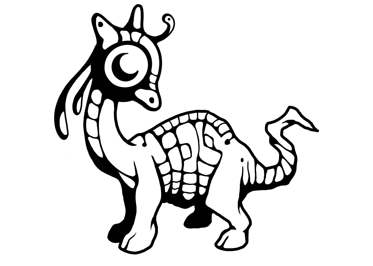A playful yet eerie giraffe-dragon hybrid with a segmented, biomechanical body and a striking spiral eye.