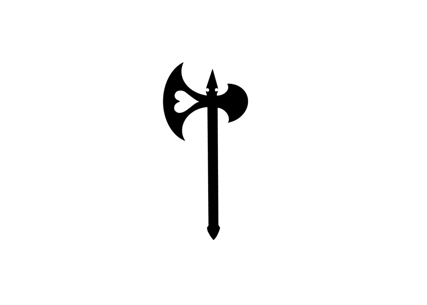 Tattoo titled 'Heartbreaker,' a minimalist gothic battle axe silhouette.