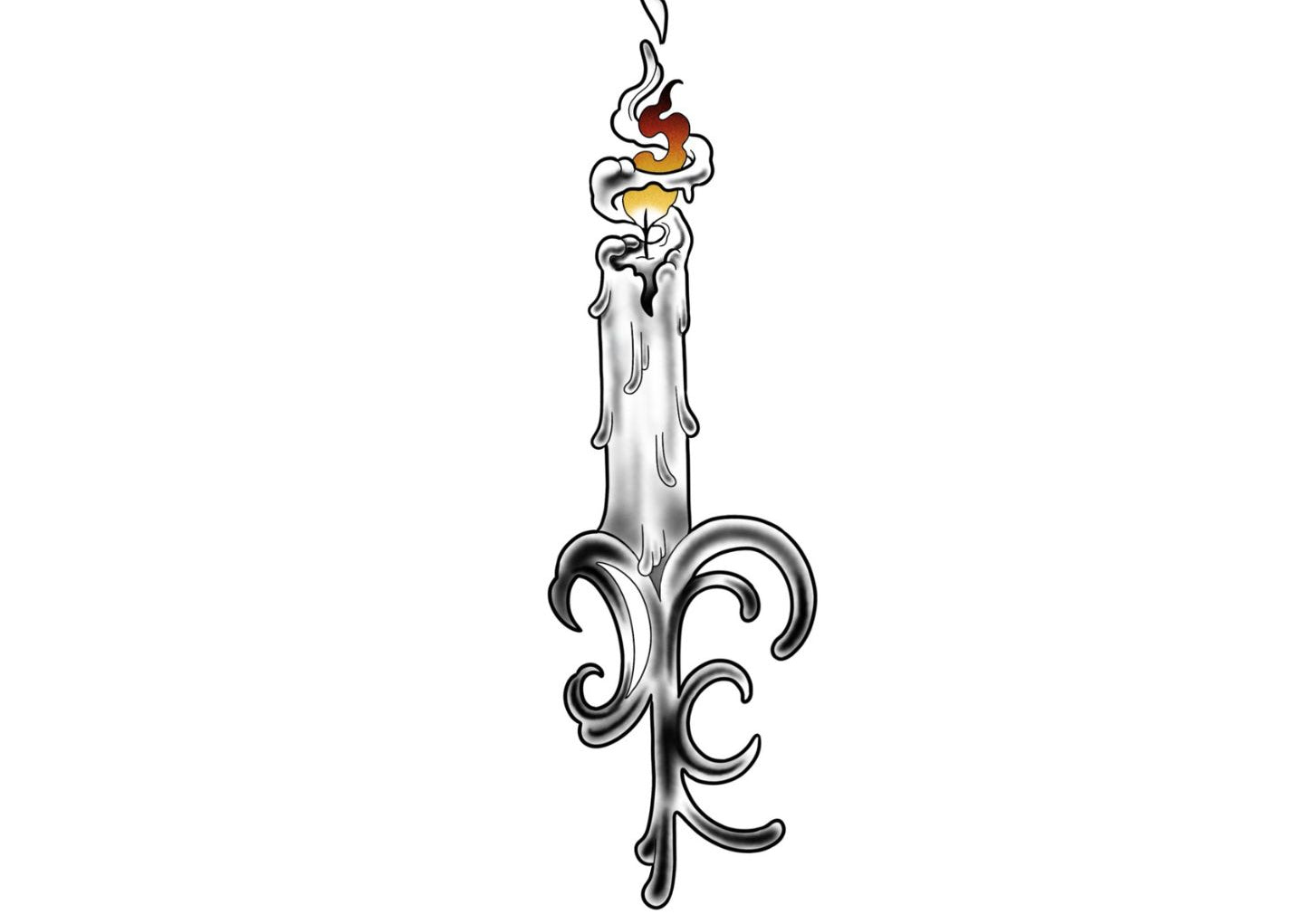 Tattoo titled 'Hidden Flame,' an ornate Castlecore candle with flames.