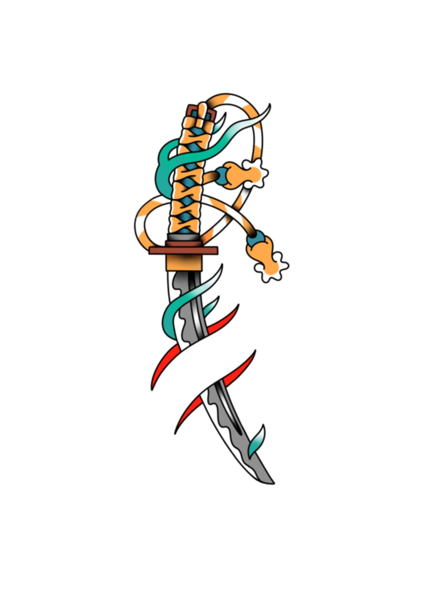 Japanese-style tattoo design of a katana with an ornate, gold-and-black tsuka (handle), teal and gold decorative cords, and a gleaming steel blade with hamon pattern, wrapped by red and teal ribbon accents.