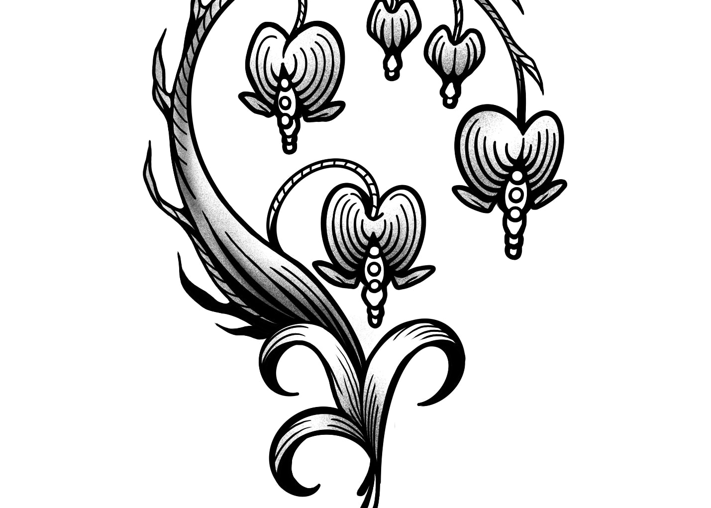 Delicate black and gray floral tattoo of elegant, drooping blooms inspired by faerie gardens. Perfect for Castlecore enthusiasts seeking timeless beauty.