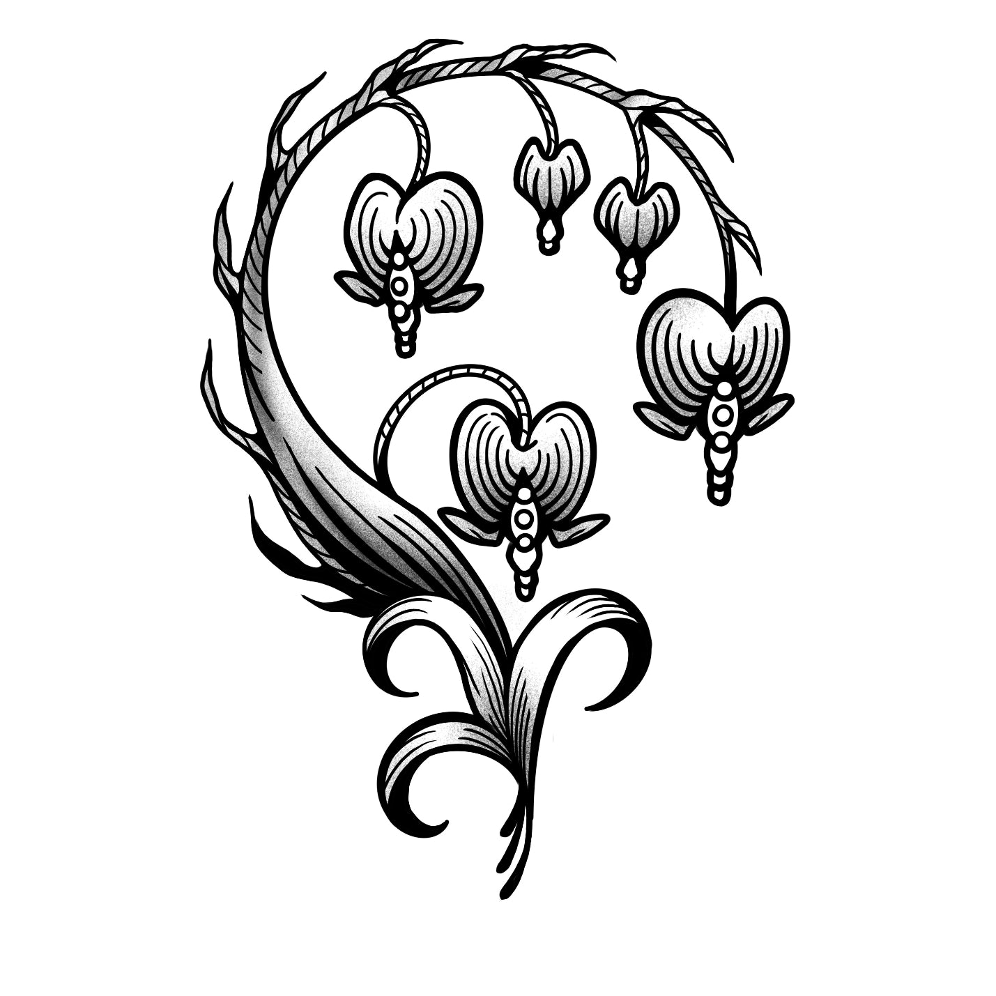 Delicate black and gray floral tattoo of elegant, drooping blooms inspired by faerie gardens. Perfect for Castlecore enthusiasts seeking timeless beauty.