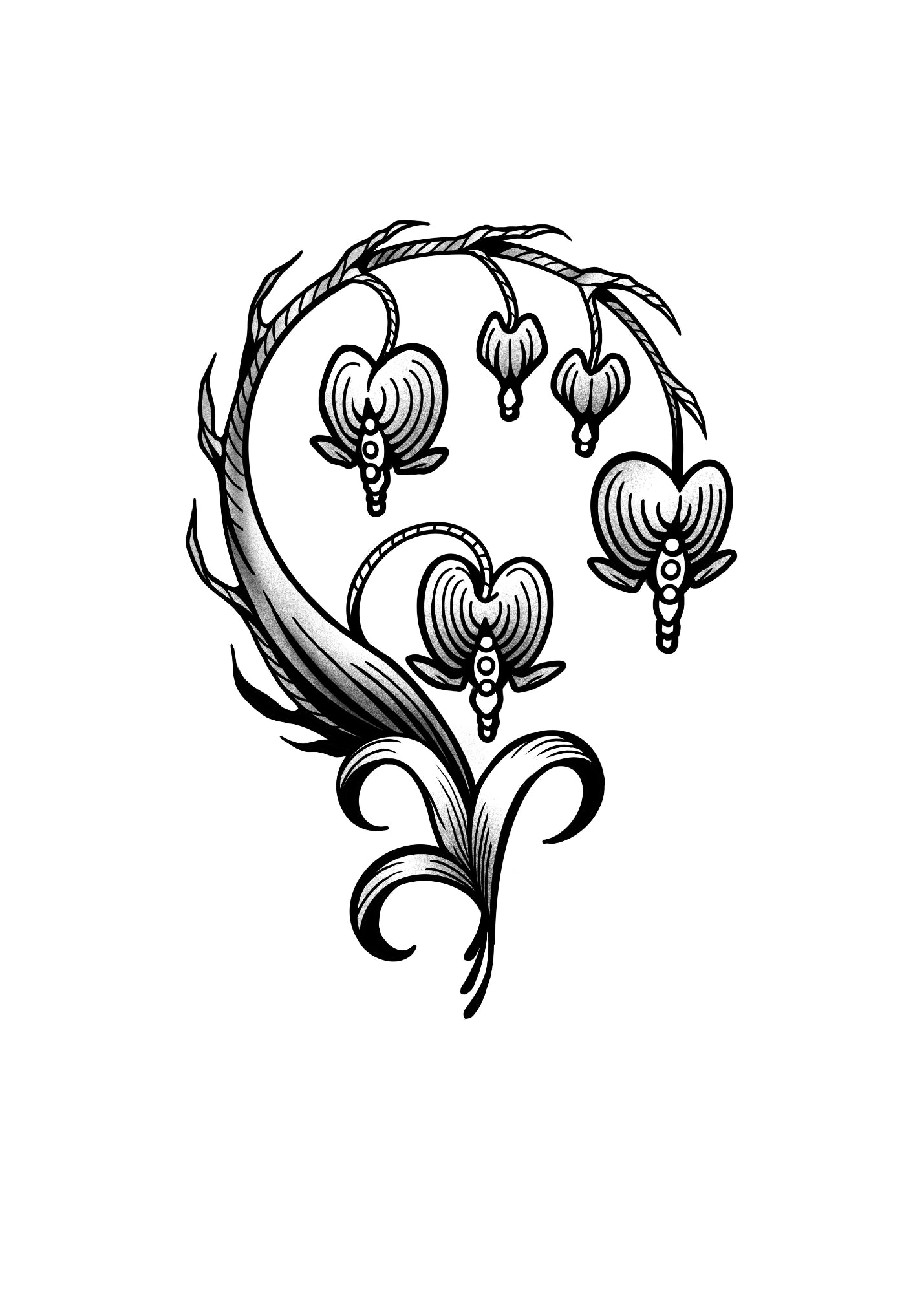 Delicate black and gray floral tattoo of elegant, drooping blooms inspired by faerie gardens. Perfect for Castlecore enthusiasts seeking timeless beauty.