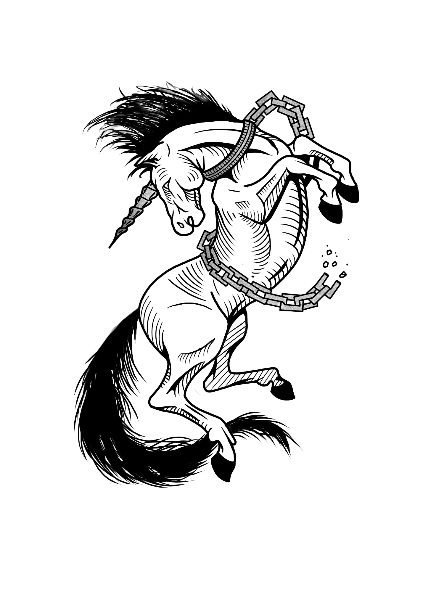 Dynamic black and gray tattoo of a rearing unicorn breaking free from chains, embodying Castlecore and fantasy freedom.