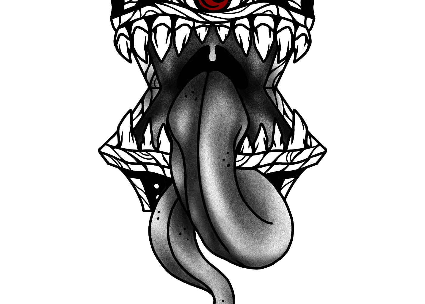  blackwork tattoo design of a Mimic, a monstrous treasure chest with jagged teeth, a long curling tongue, and a single red eye staring from its lid. The chest’s edges are detailed with intricate linework, giving it a dark fantasy aesthetic.