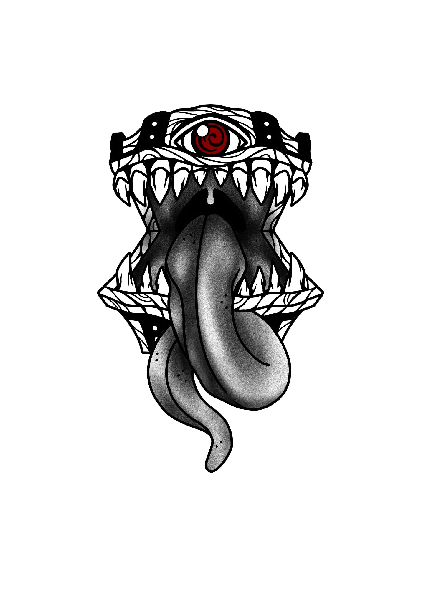  blackwork tattoo design of a Mimic, a monstrous treasure chest with jagged teeth, a long curling tongue, and a single red eye staring from its lid. The chest’s edges are detailed with intricate linework, giving it a dark fantasy aesthetic.