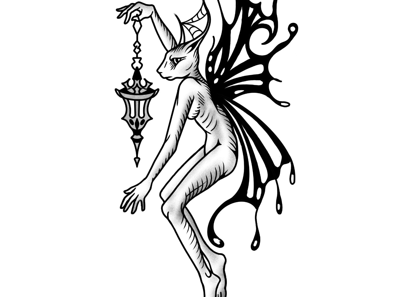 Elegant black and gray tattoo of a feline-inspired faerie creature holding a lantern, with delicate wings and Castlecore charm.