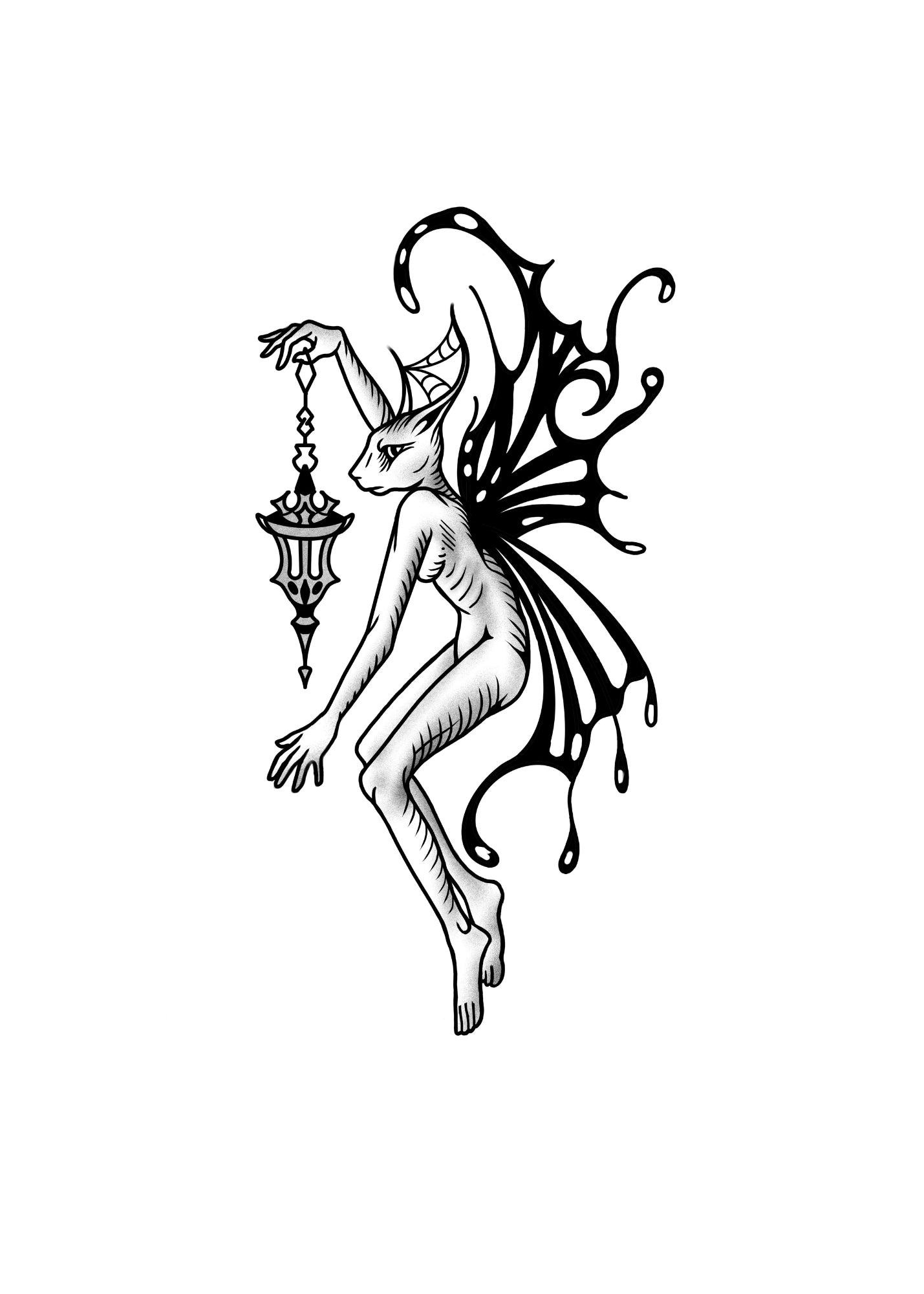 Elegant black and gray tattoo of a feline-inspired faerie creature holding a lantern, with delicate wings and Castlecore charm.