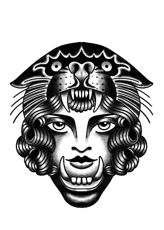 American Traditional girlhead black and gray tattoo flash illustration of a stylized face with a tiger head on a white background