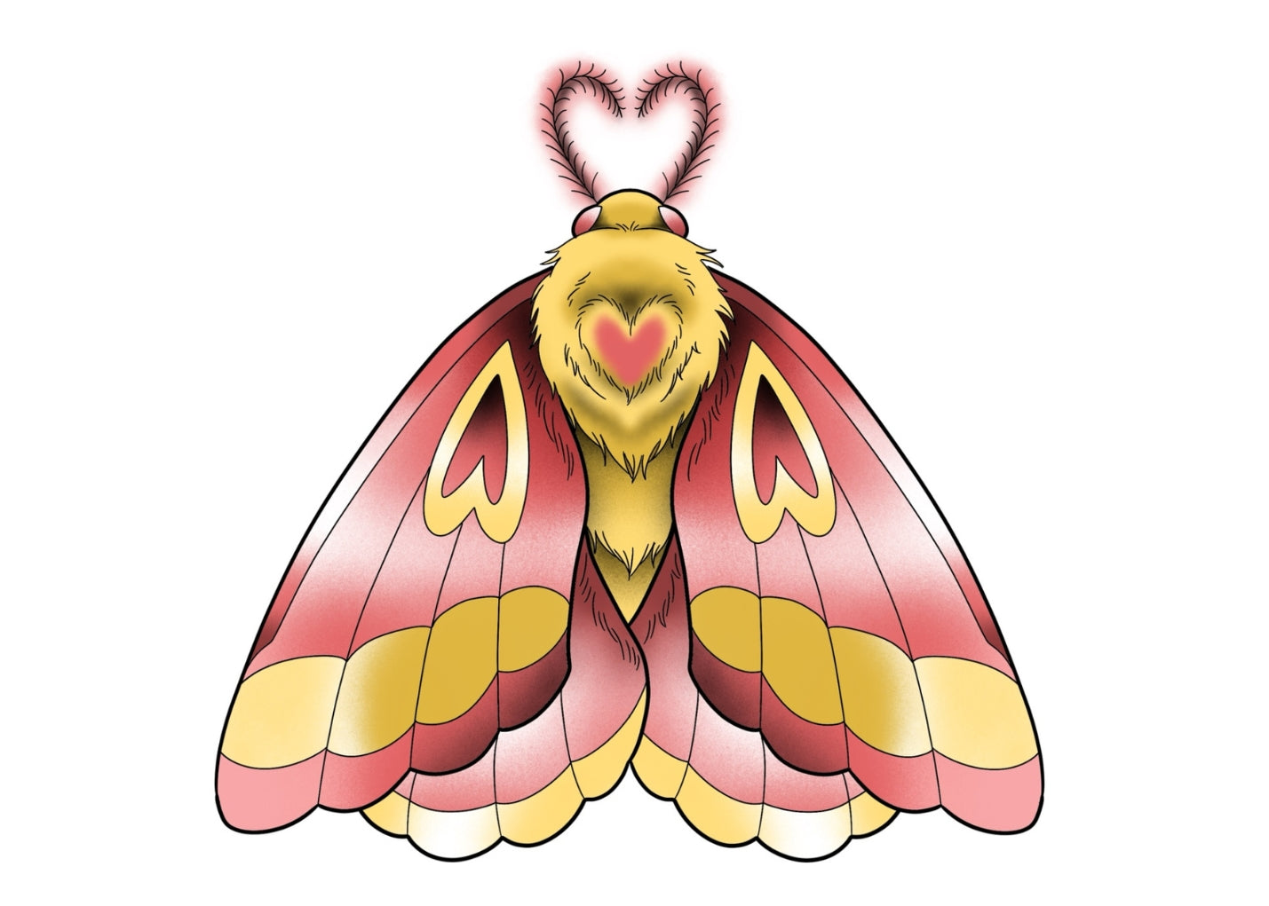 A soft yet striking heart-shaped moth, featuring delicate pink and golden tones, fuzzy textures, and elegant symmetrical wings, evoking a sense of warmth and whimsy.