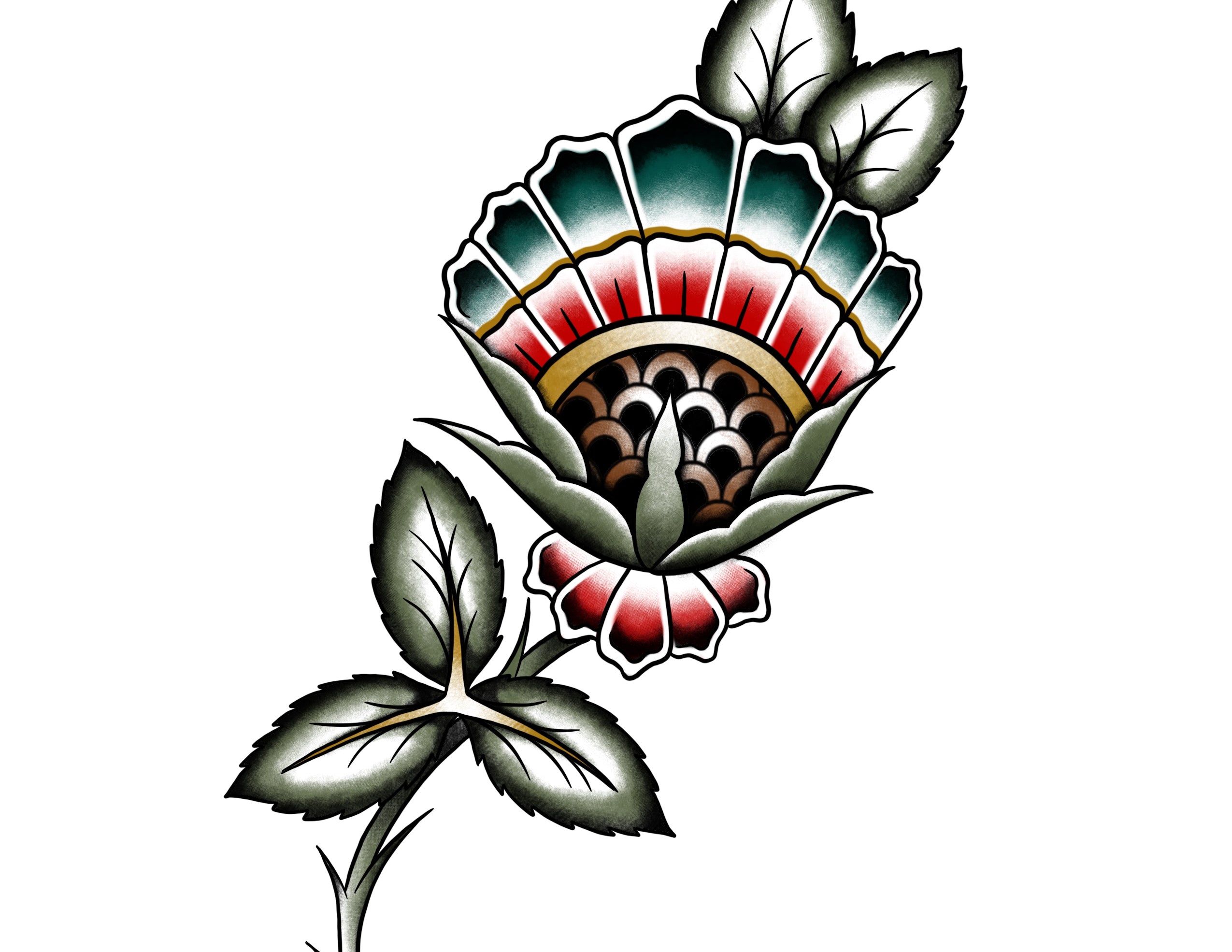 A vibrant full-color tattoo design of a stylized flower with bold shading, deep green leaves, and intricate petal details in red, gold, and teal hues. The composition has a strong traditional tattoo influence.