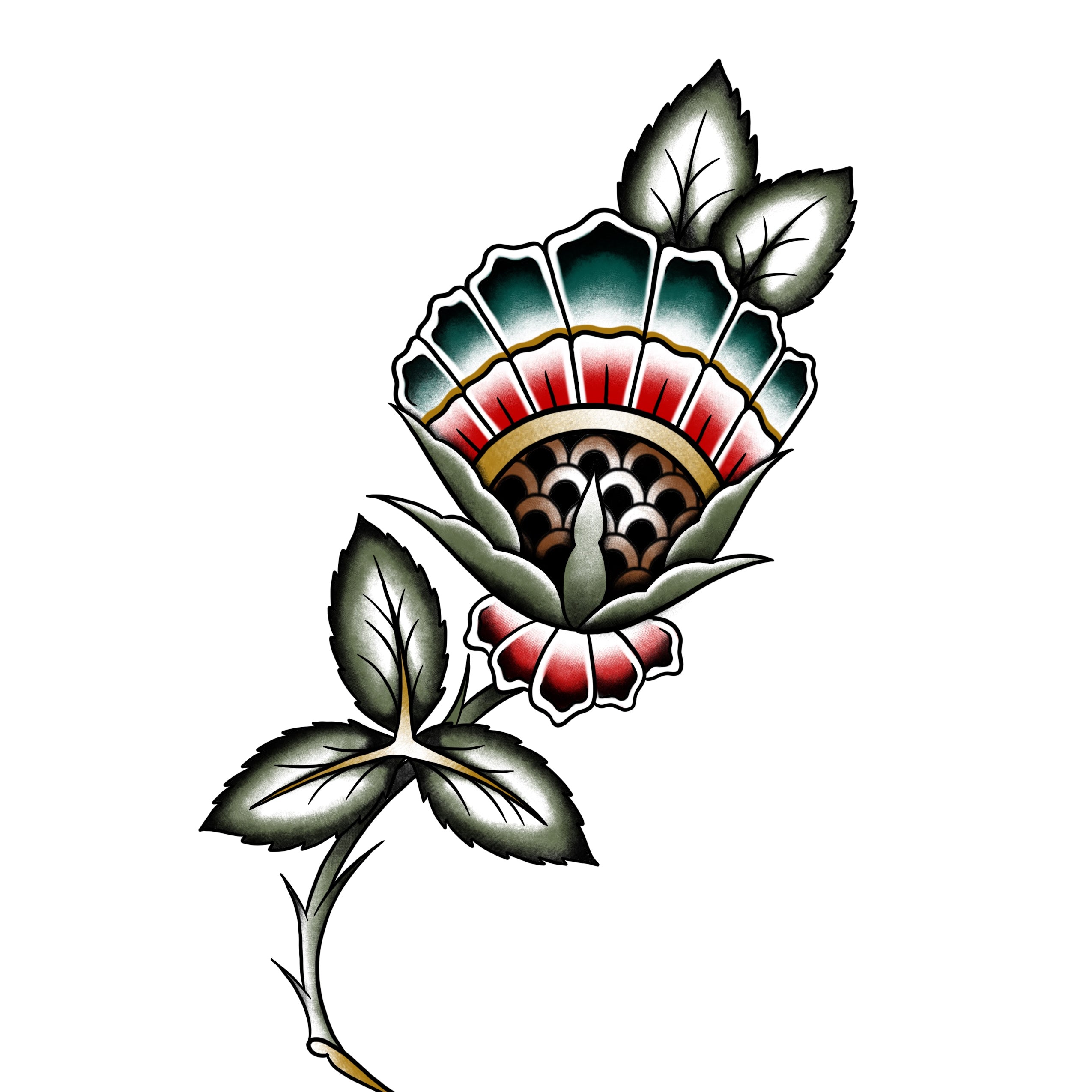 A vibrant full-color tattoo design of a stylized flower with bold shading, deep green leaves, and intricate petal details in red, gold, and teal hues. The composition has a strong traditional tattoo influence.