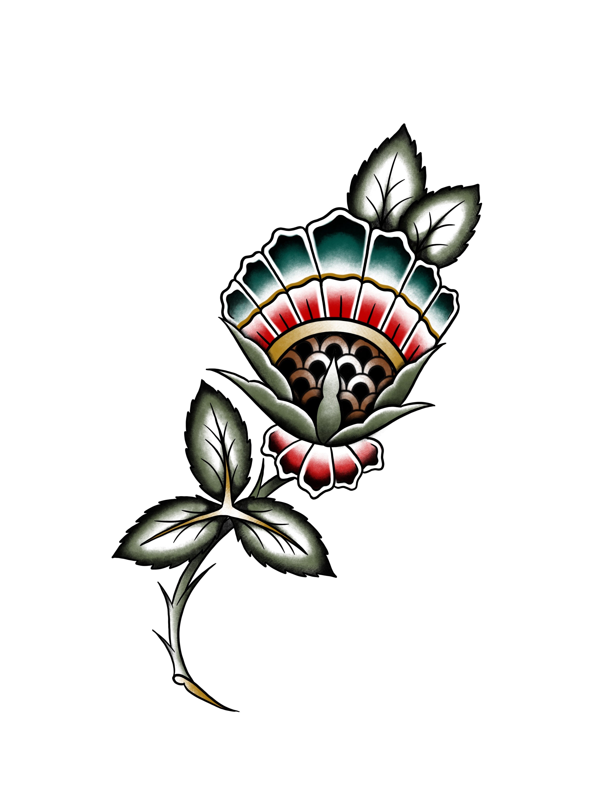 A vibrant full-color tattoo design of a stylized flower with bold shading, deep green leaves, and intricate petal details in red, gold, and teal hues. The composition has a strong traditional tattoo influence.