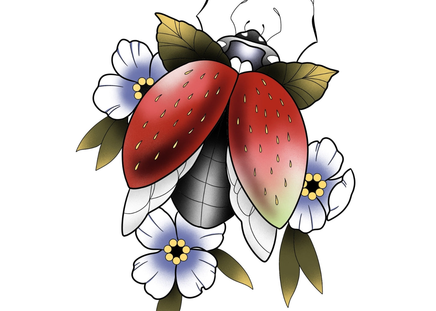 A whimsical fusion of a strawberry and a ladybug, surrounded by delicate floral accents, embodying the beauty of nature with a sugary twist.