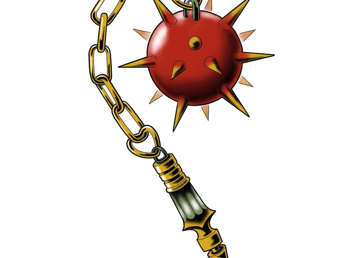 Tattoo titled 'The Merciless Swing,' a Castlecore-inspired flail in red and gold.