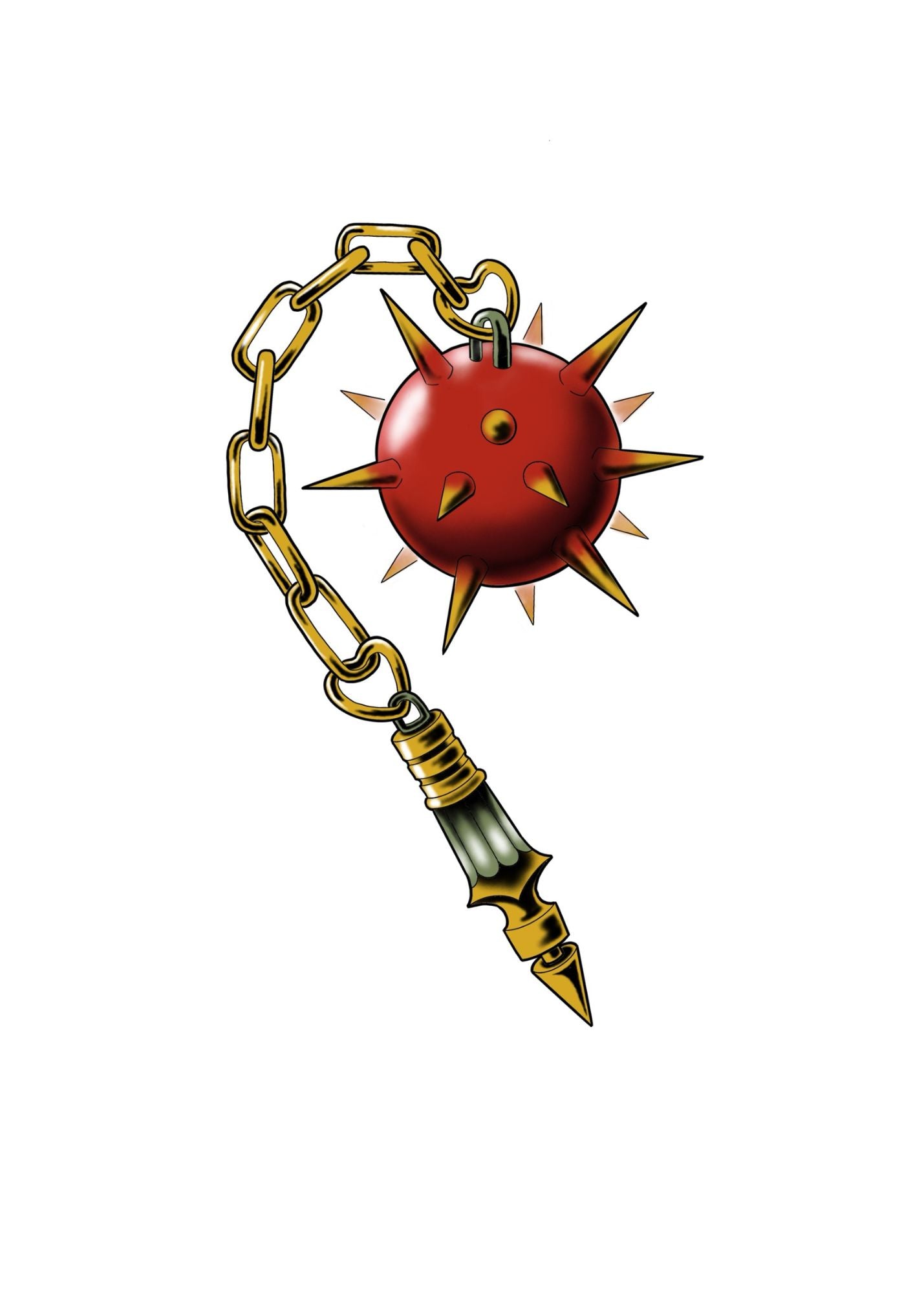 Tattoo titled 'The Merciless Swing,' a Castlecore-inspired flail in red and gold.