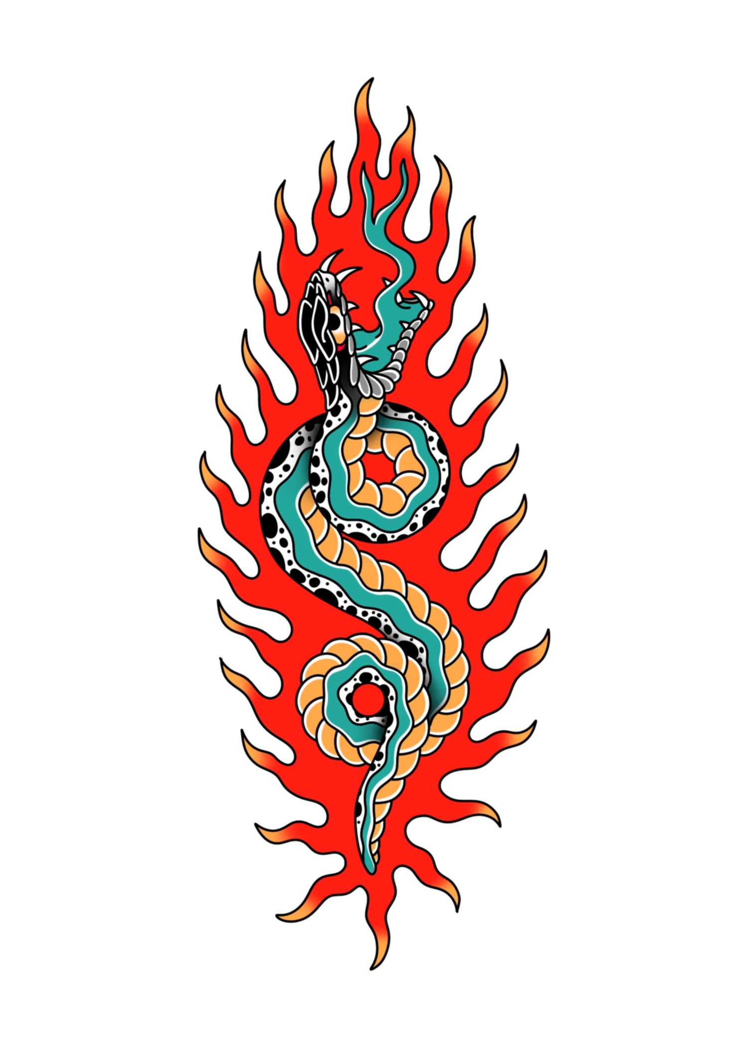 Japanese-style tattoo design of a coiled snake with bold orange, black, and teal scales, emerging upward through a tall column of vivid red flames, its open mouth and fangs creating a fierce, striking focal point.