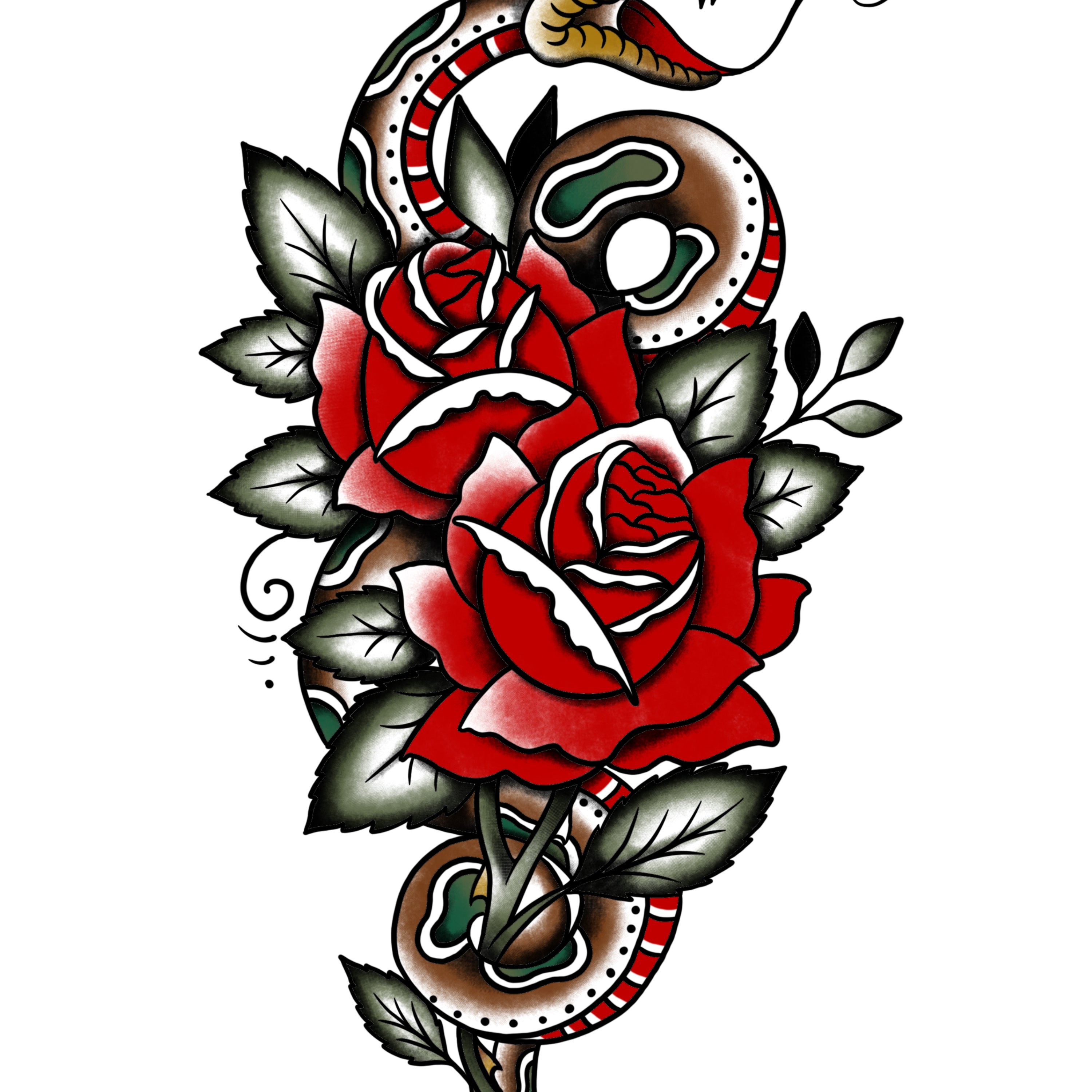 A striking full-color tattoo design of a serpent coiled through deep red roses, with rich green leaves and bold black outlines. The snake’s intricate pattern and sharp fangs add depth and movement to the composition.