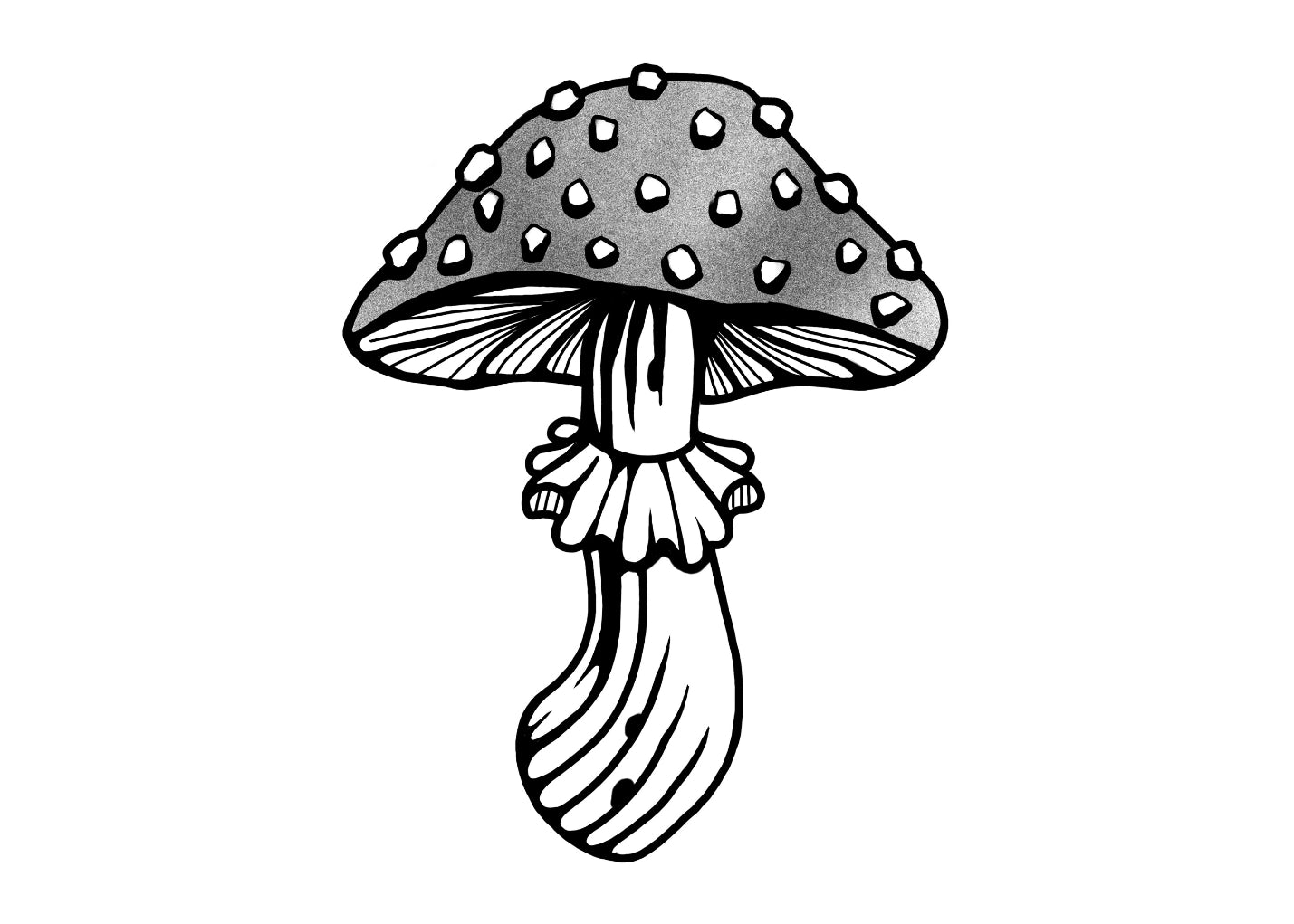 Charming black and gray tattoo of a whimsical toadstool with textured details, perfect for Castlecore and woodland fantasy fans.