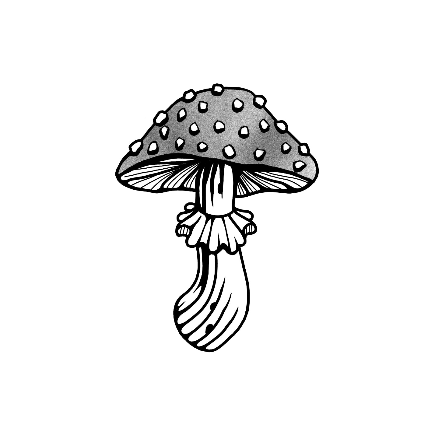 Charming black and gray tattoo of a whimsical toadstool with textured details, perfect for Castlecore and woodland fantasy fans.