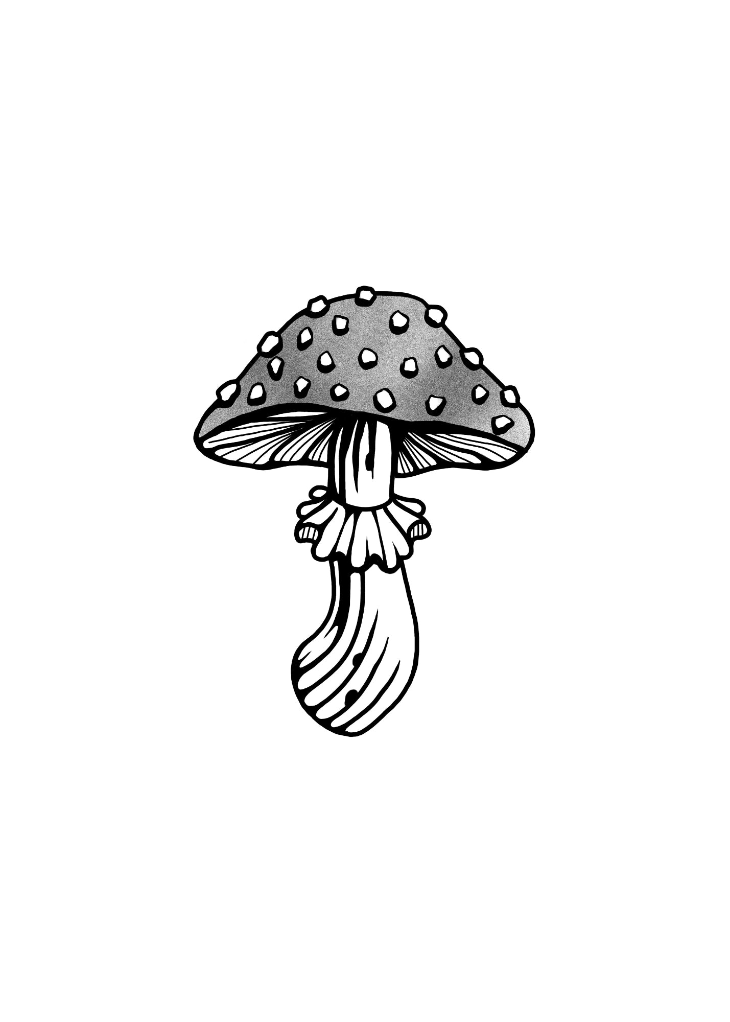 Charming black and gray tattoo of a whimsical toadstool with textured details, perfect for Castlecore and woodland fantasy fans.