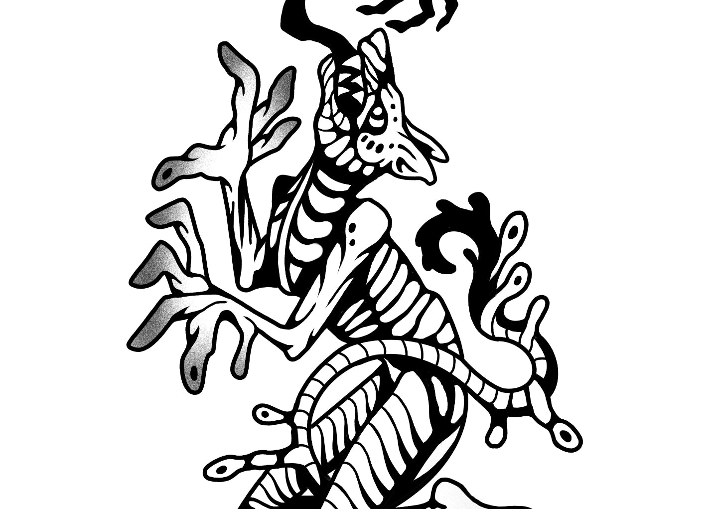 A bold blackwork Flash Tattoo featuring an unsettling hybrid beast with skeletal limbs and surreal organic forms. Now available for booking at Girls & Roses.