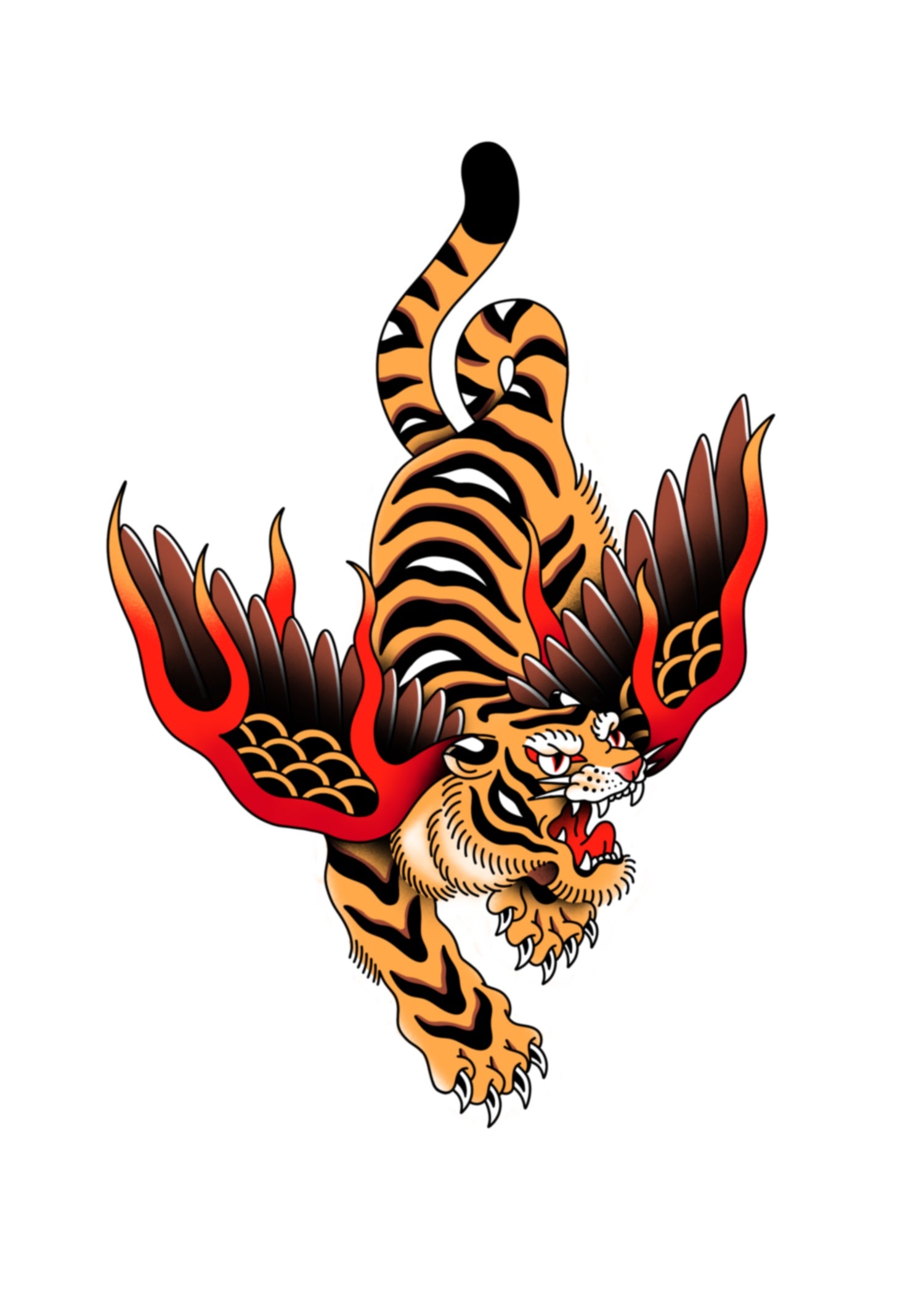 Japanese-style tattoo design of a fierce tiger mid-leap, its body twisted in motion, with bold orange and black stripes, an intense snarling expression, and large, dramatic wings shaded in deep black with red-orange accents.