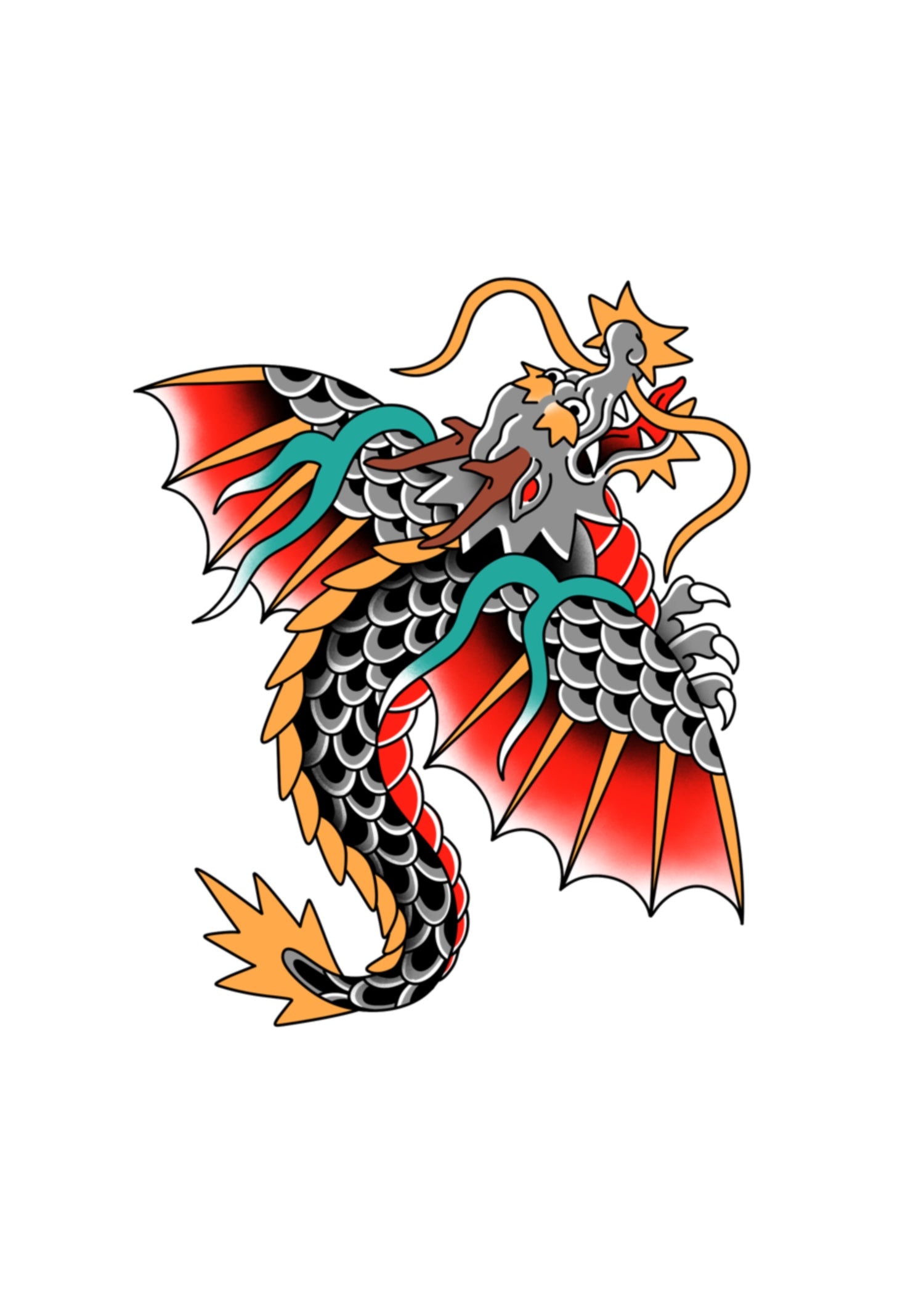 Japanese-style tattoo design of a traditional dragon with curved horns, flowing whiskers, and teal accents, featuring black and silver scales, orange spines, and red-orange gradient wings, depicted in a dynamic, mid-flight pose.