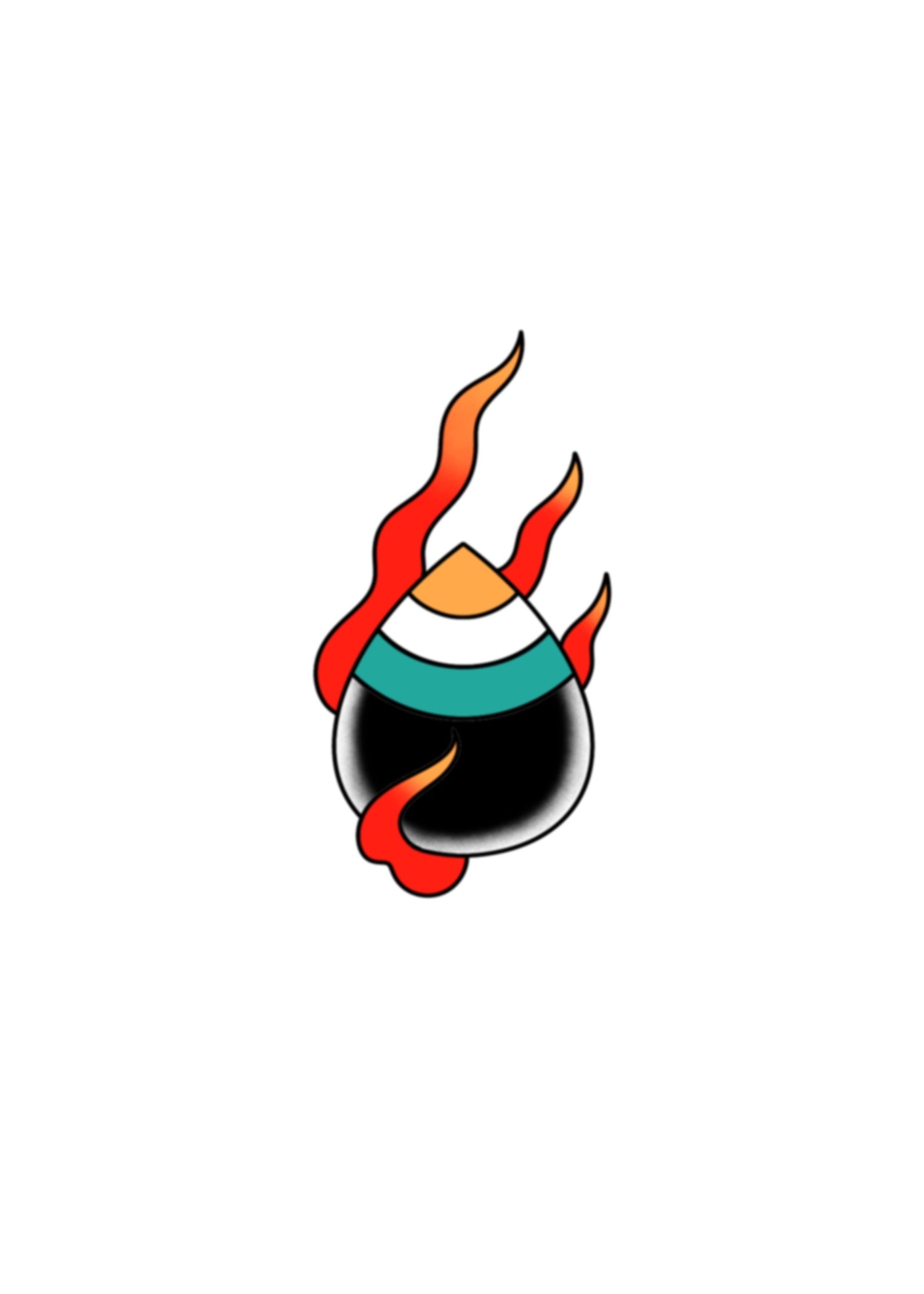 Bold Japanese-inspired design of a stylized black-and-teal daruma form crowned with red and orange flames.