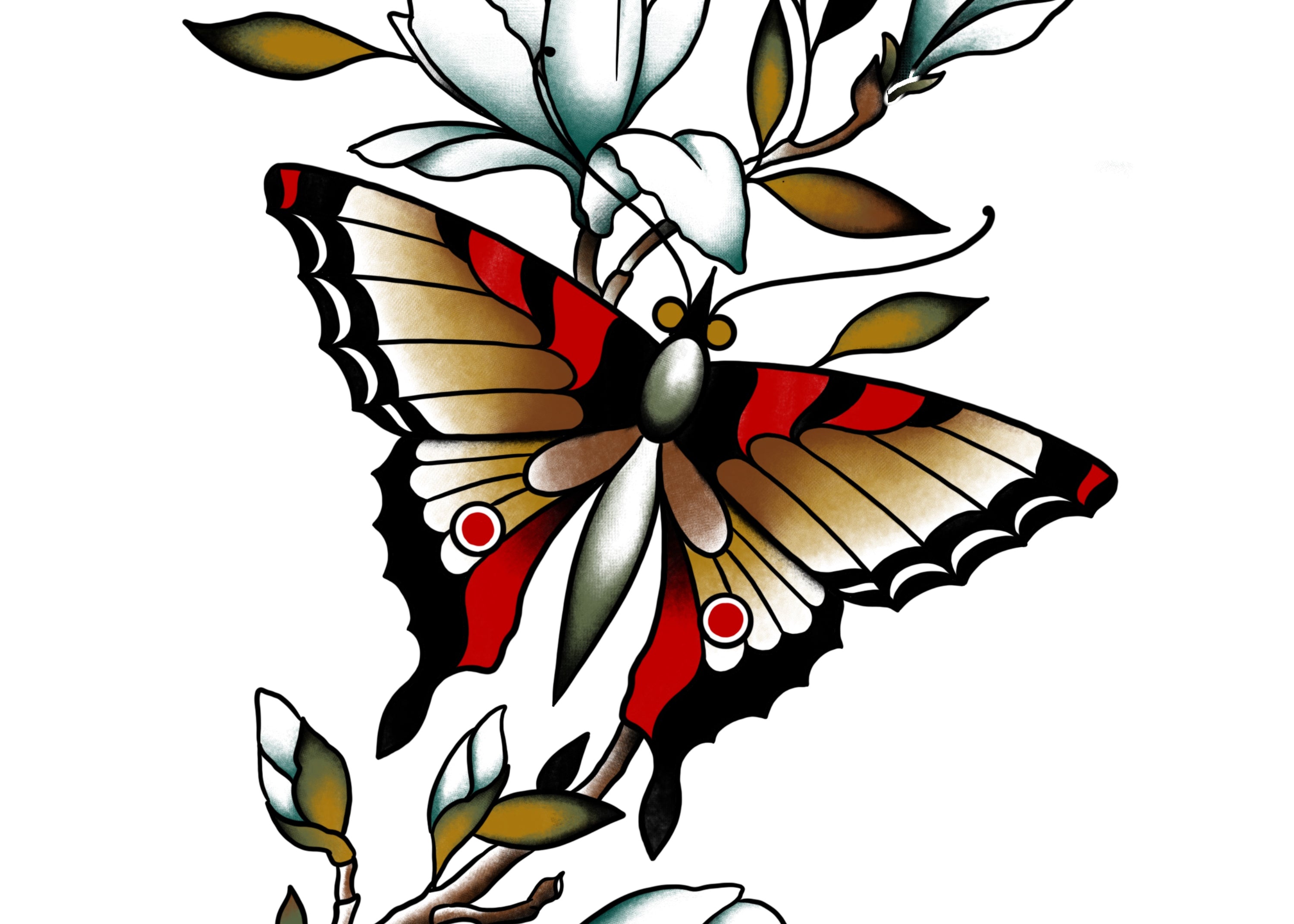 A detailed full-color tattoo design featuring a butterfly with rich red, gold, and black wings perched on a delicate flowering branch. The soft shading and organic flow create a nature-inspired, elegant aesthetic.