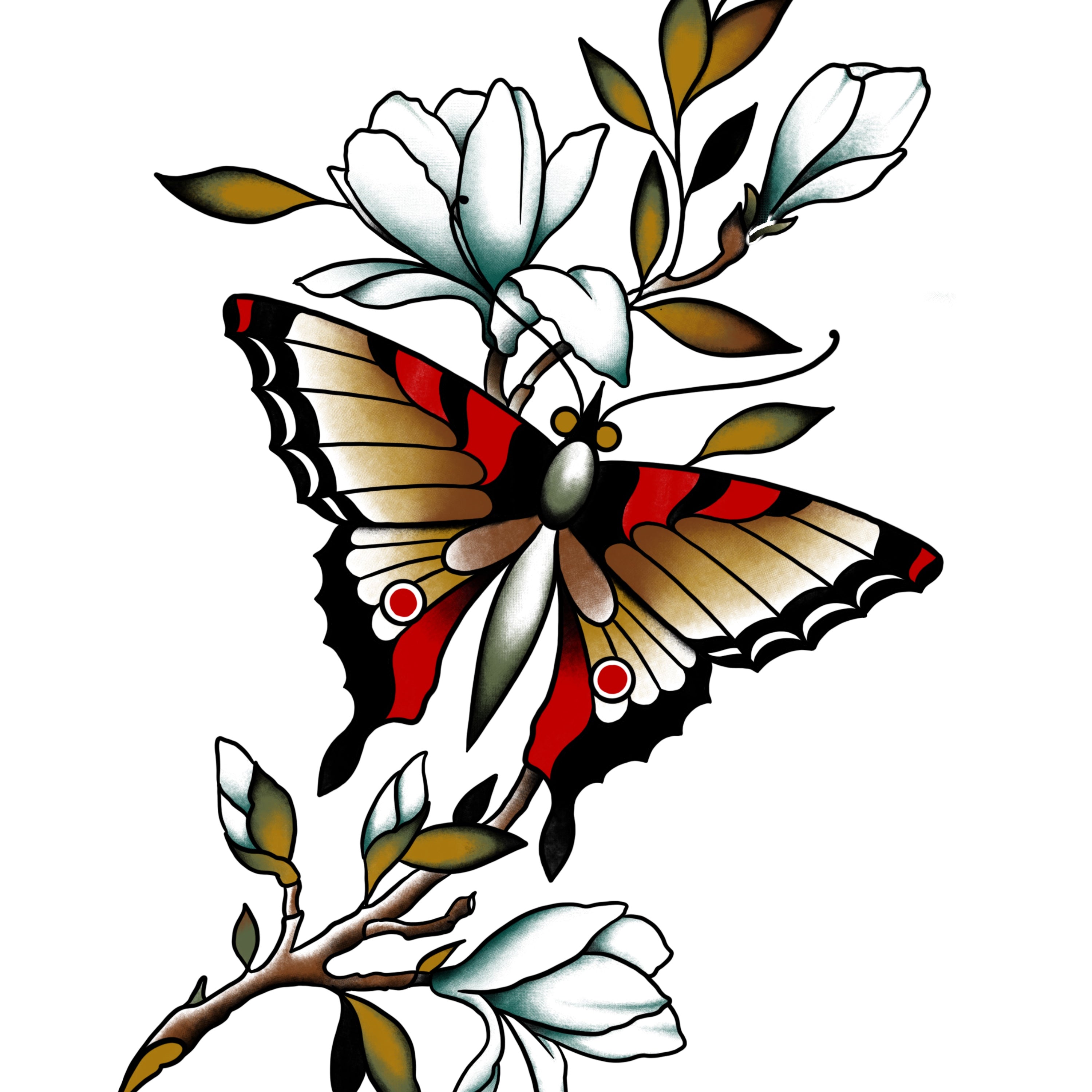 A detailed full-color tattoo design featuring a butterfly with rich red, gold, and black wings perched on a delicate flowering branch. The soft shading and organic flow create a nature-inspired, elegant aesthetic.