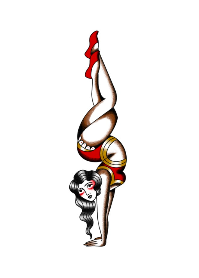 American traditional flash Illustration of a stylized acrobat figure in a red dress with a gold belt on a white background.