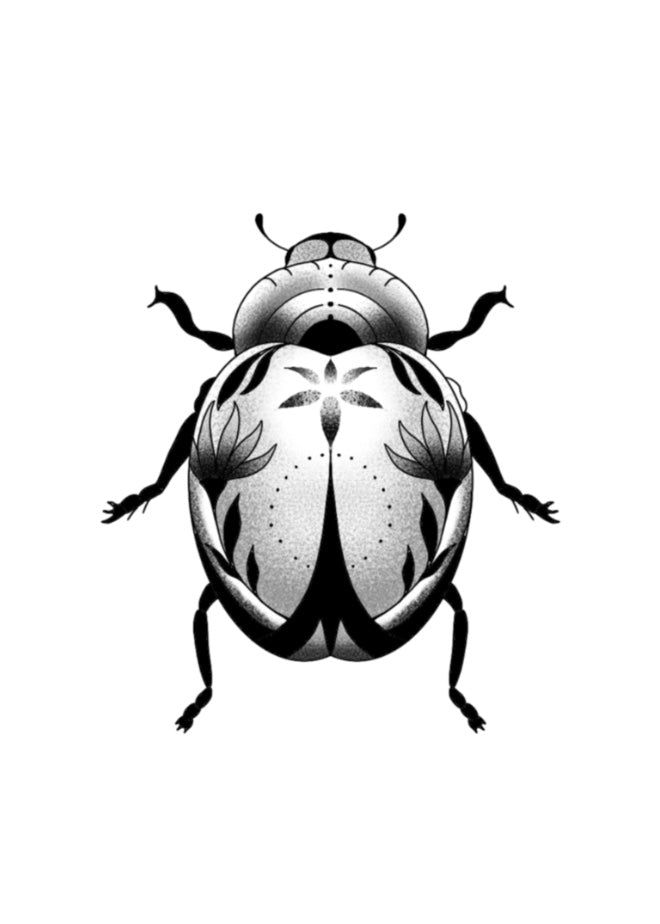 Black, gray, and white fine-line tattoo flash illustration of a ladybug beattle with minimal shading on a white background
