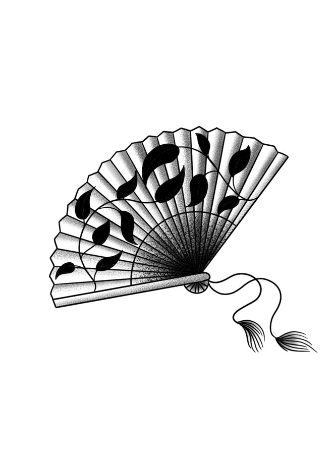 Fine-line black, gray, and white tattoo flash illustration of a decorative fan with leaf patterns on a white background