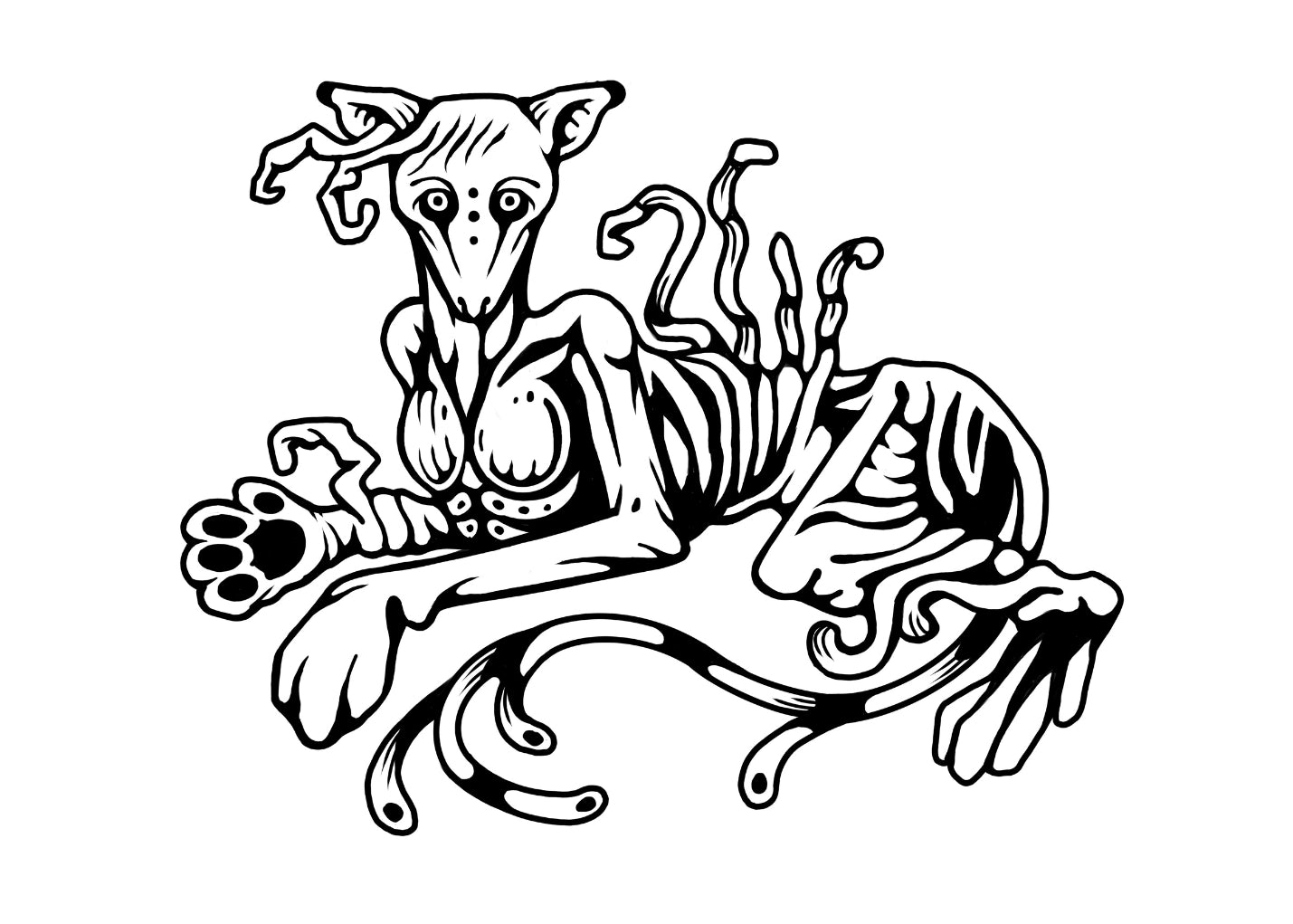 A surreal blackwork Flash Tattoo featuring a skeletal, vine-like creature morphing from organic matter. Now available for booking at Girls & Roses.