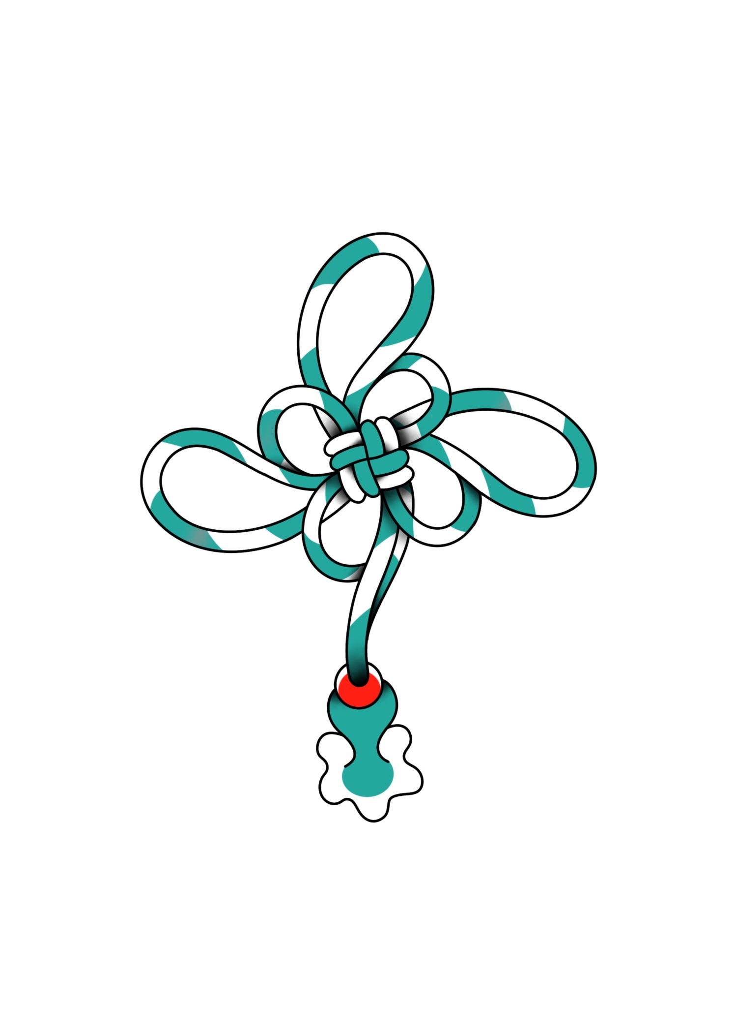 Blue Japanese-style decorative knot tattoo design with a floral accent at the end of the cord, featuring bold outlines and smooth gradient shading.